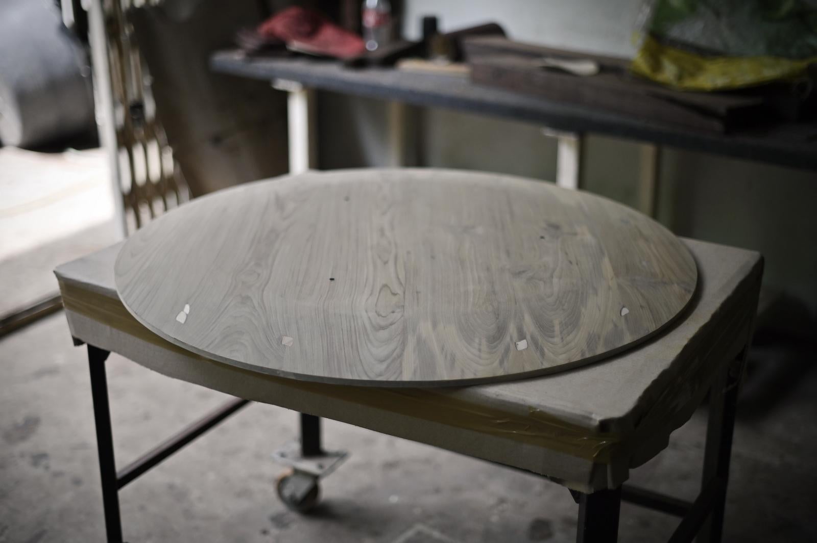 Round Table, Reclaimed Light Teak wood and Sand Cast Brass Base by P. Tendercool For Sale 11