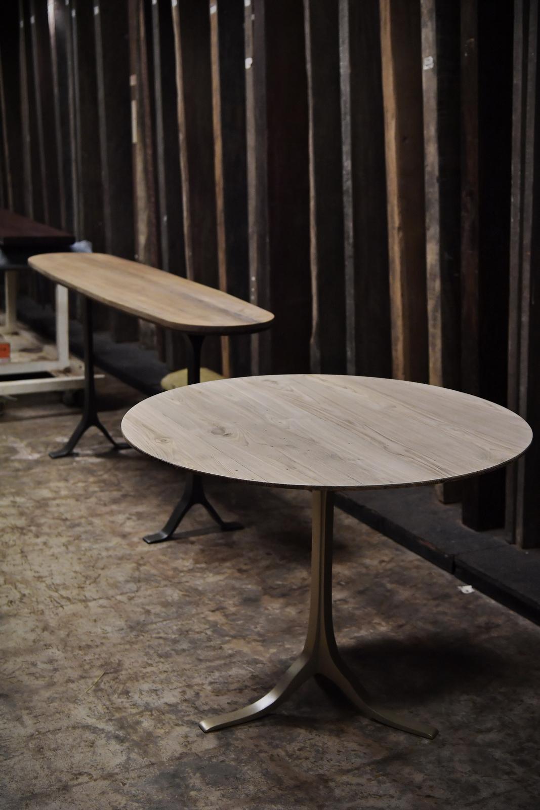 Round Table, Reclaimed Light Teak wood and Sand Cast Brass Base by P. Tendercool For Sale 12