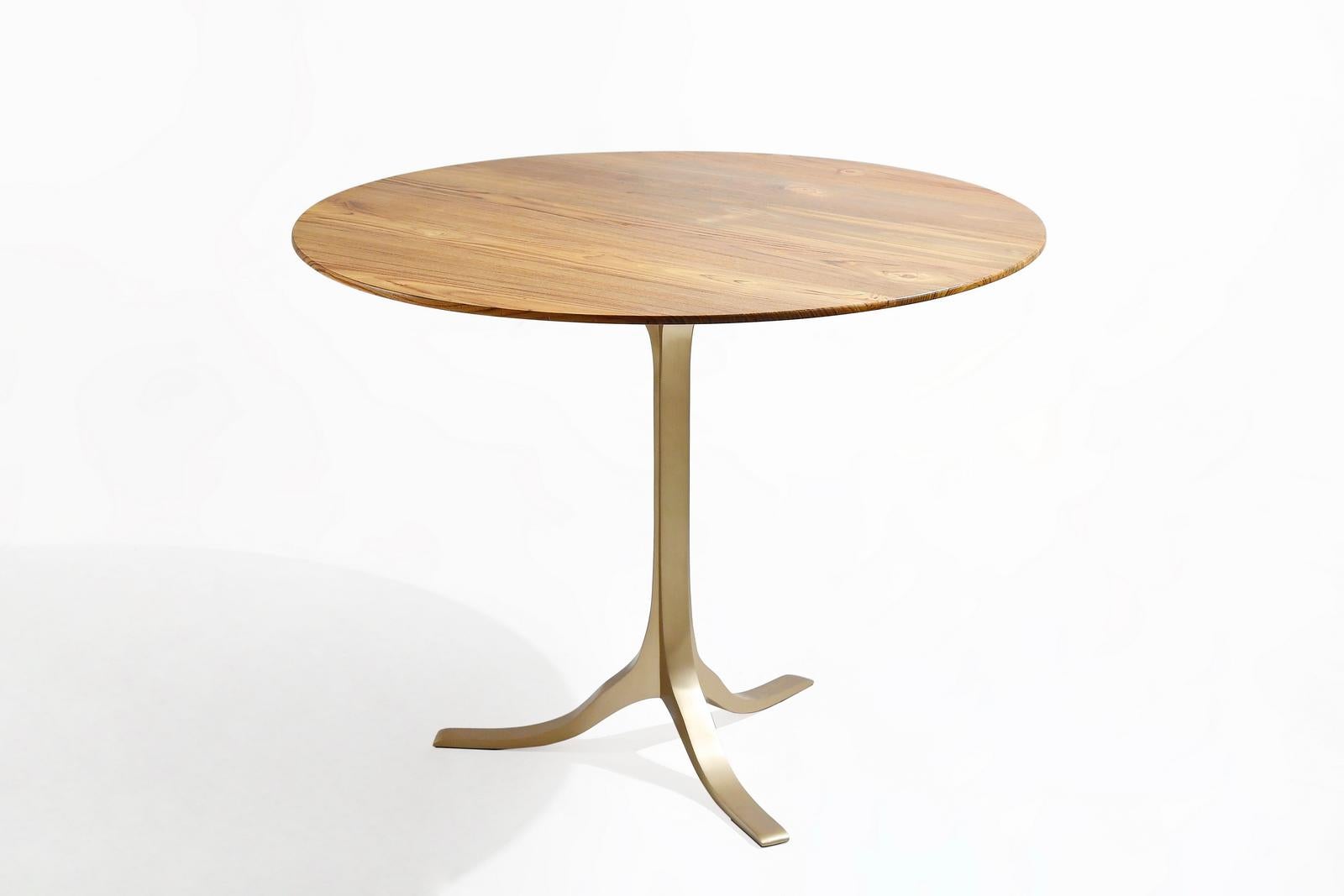 Mid-Century Modern Round Table, Reclaimed Light Teak wood and Sand Cast Brass Base by P. Tendercool For Sale