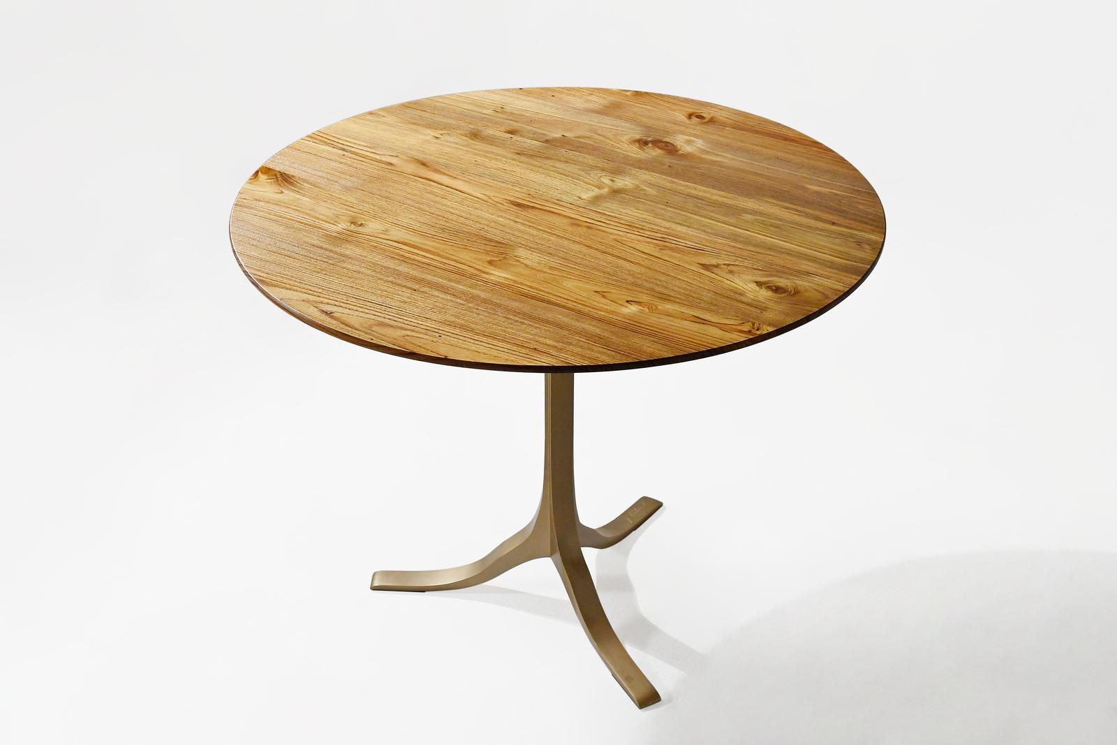 Thai Round Table, Reclaimed Light Teak wood and Sand Cast Brass Base by P. Tendercool For Sale