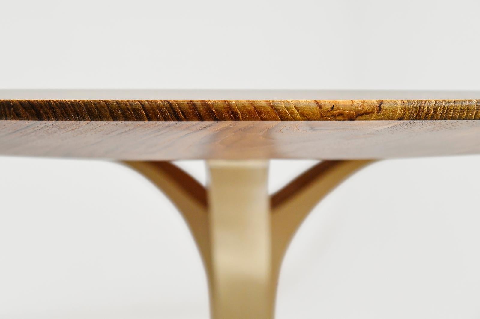 Round Table, Reclaimed Light Teak wood and Sand Cast Brass Base by P. Tendercool For Sale 1