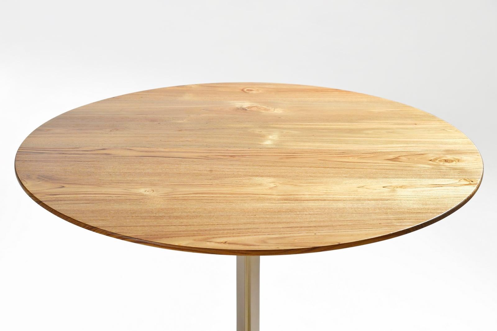 Round Table, Reclaimed Light Teak wood and Sand Cast Brass Base by P. Tendercool For Sale 2