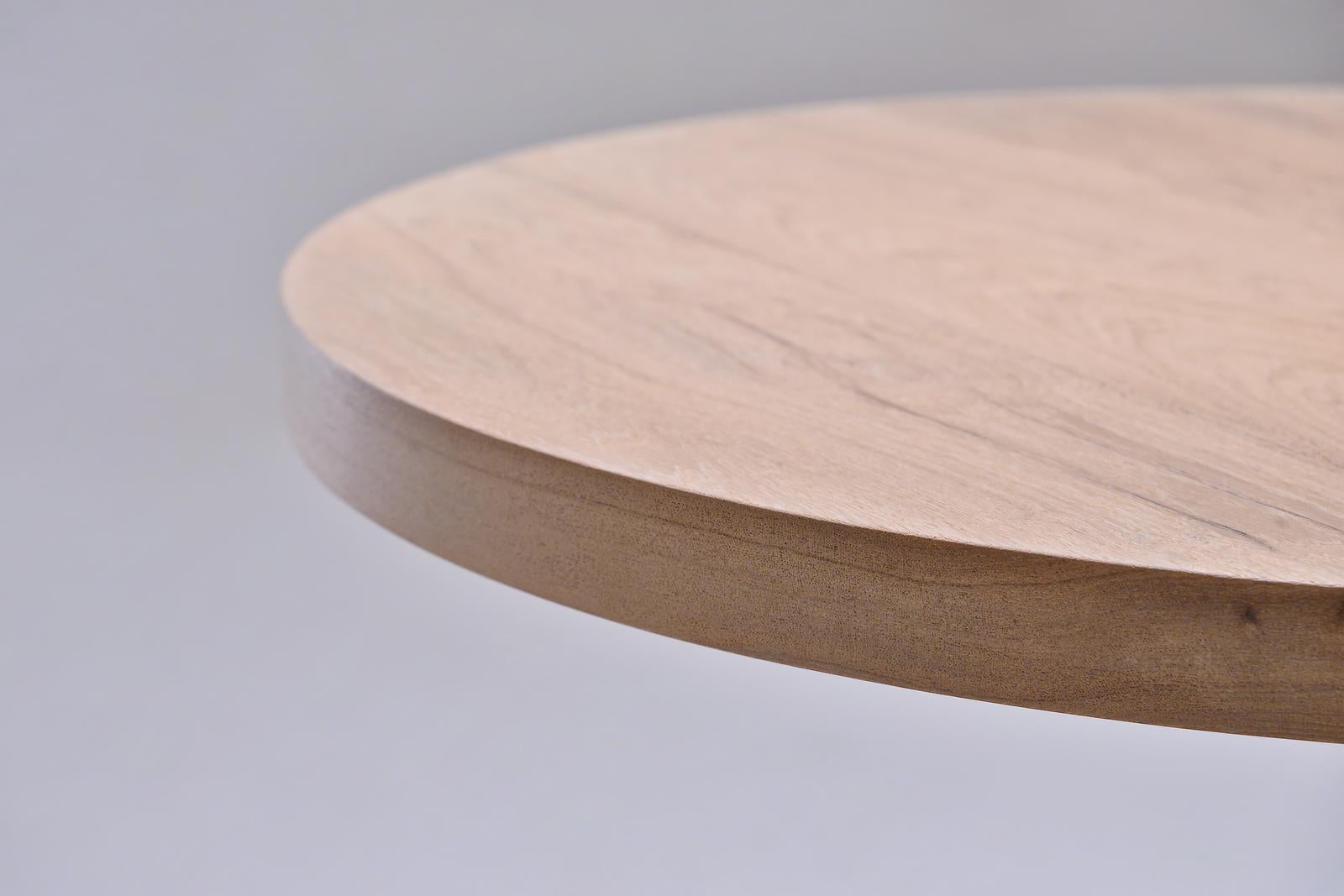 Minimalist Round table, Reclaimed Wood, Sand Cast Brushed Brass Base, by P. Tendercool For Sale