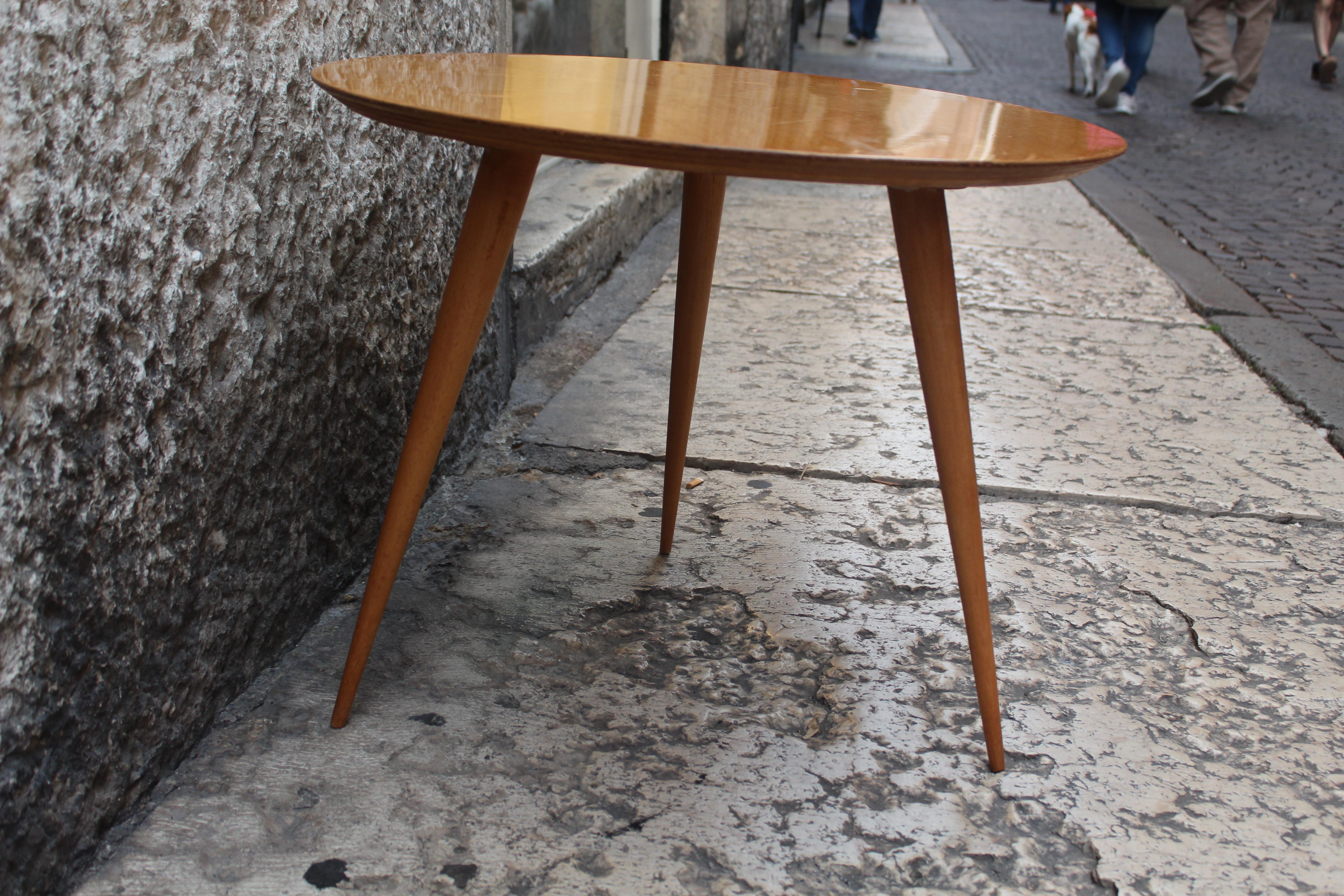 Mid-Century Modern Round Table, Three Legs, Cherrywood, 1950s