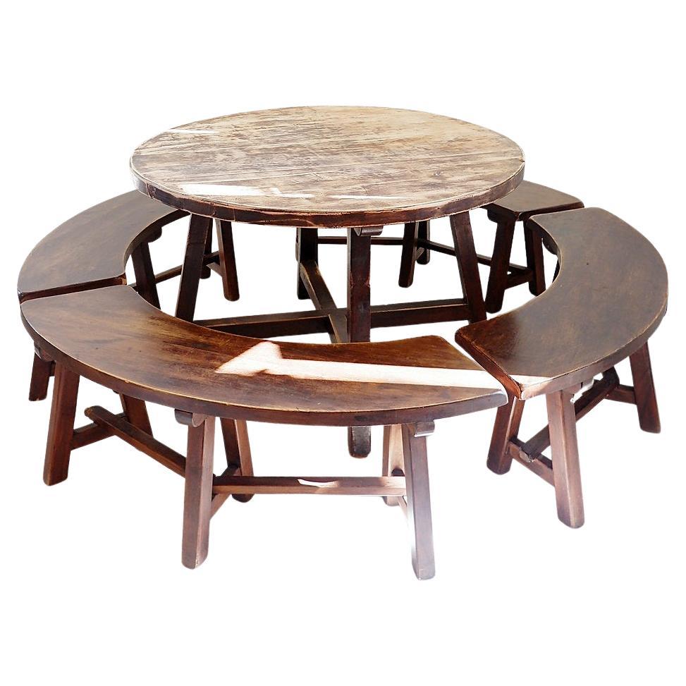 Round Table with 4 Curved Benches, France 1960s