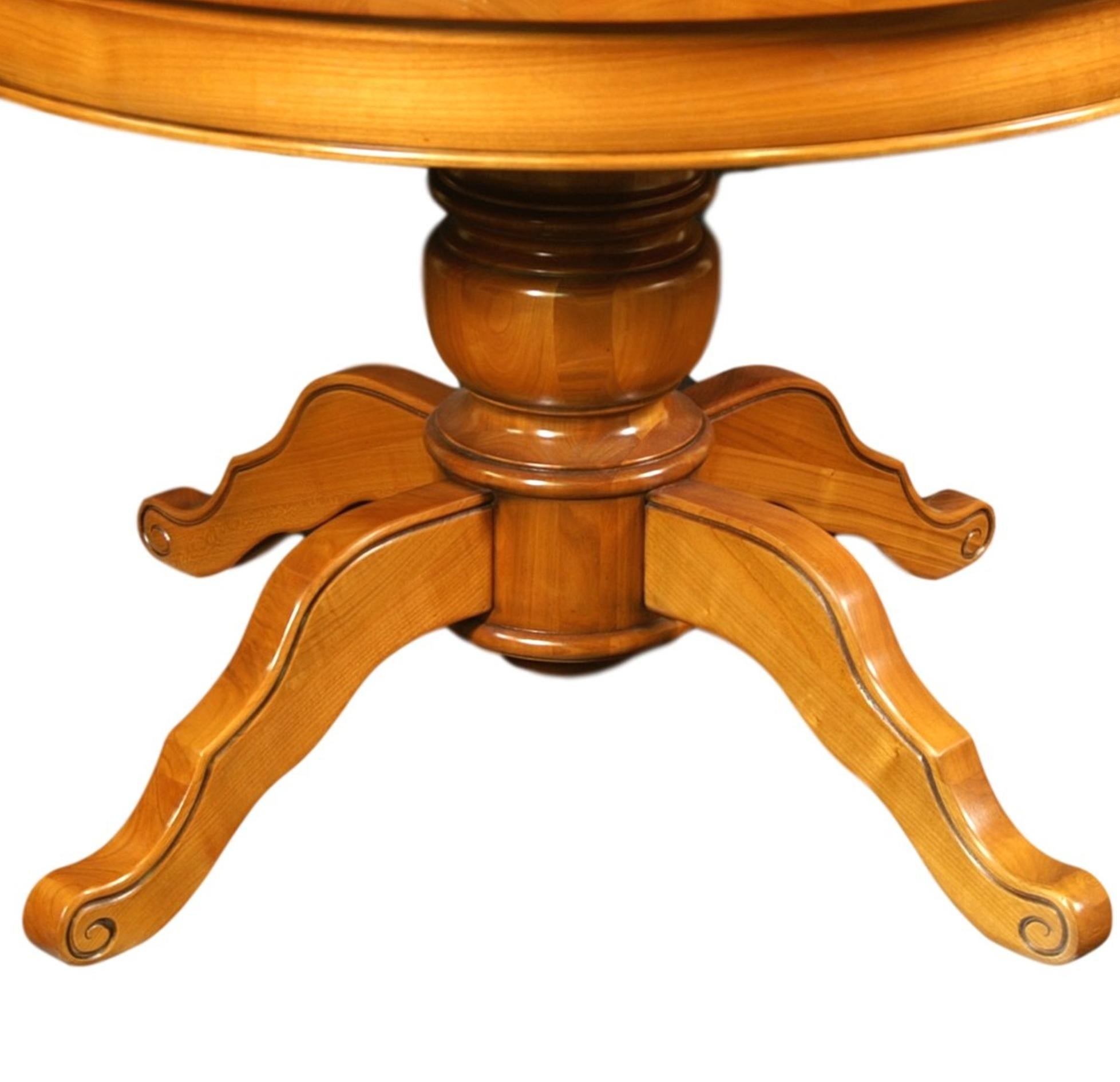 Neoclassical Round Table with a Central Foot and 2 Extensions in Solid Cherry For Sale