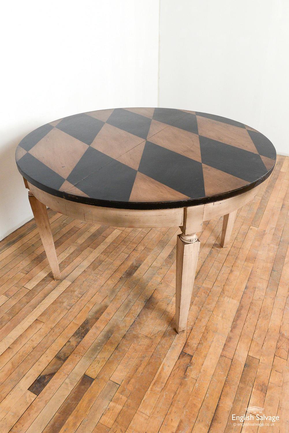 Wood Round Table with Harlequin Painted Top, 20th Century For Sale