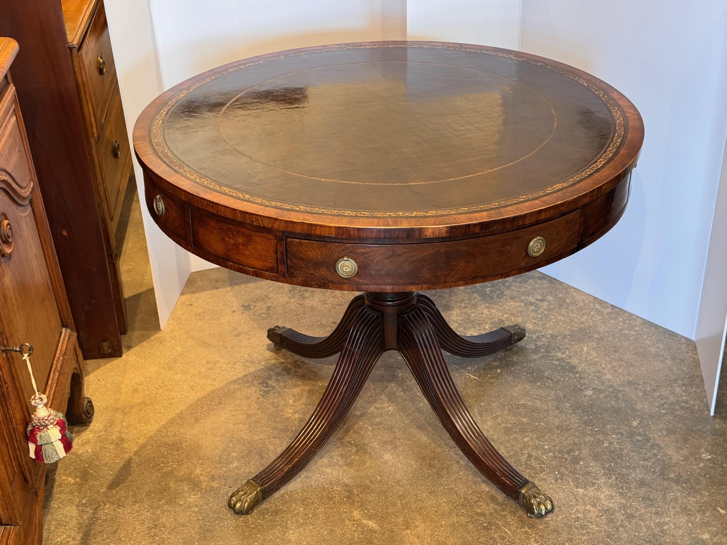 Round Table With Leather Top In Good Condition In Charlottesville, VA