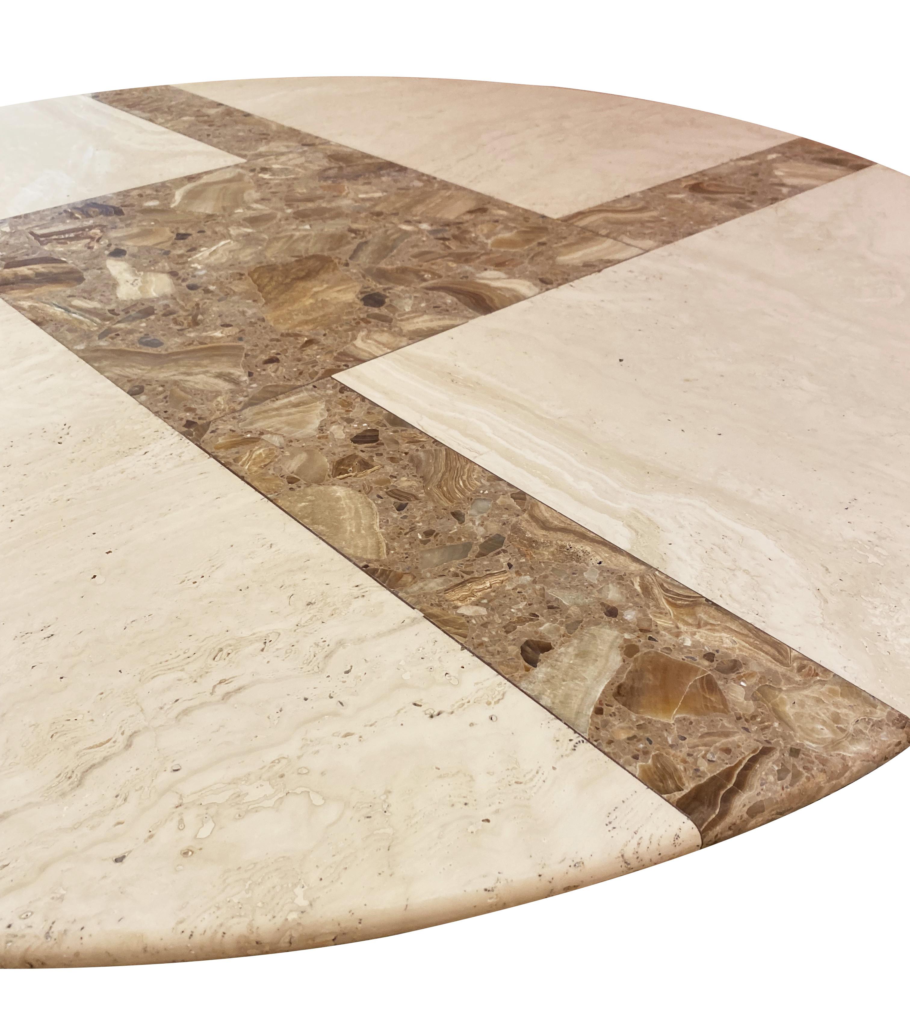 Italian Round Table with Pedestal in Travertine and Onyx, Italy, Circa 1970