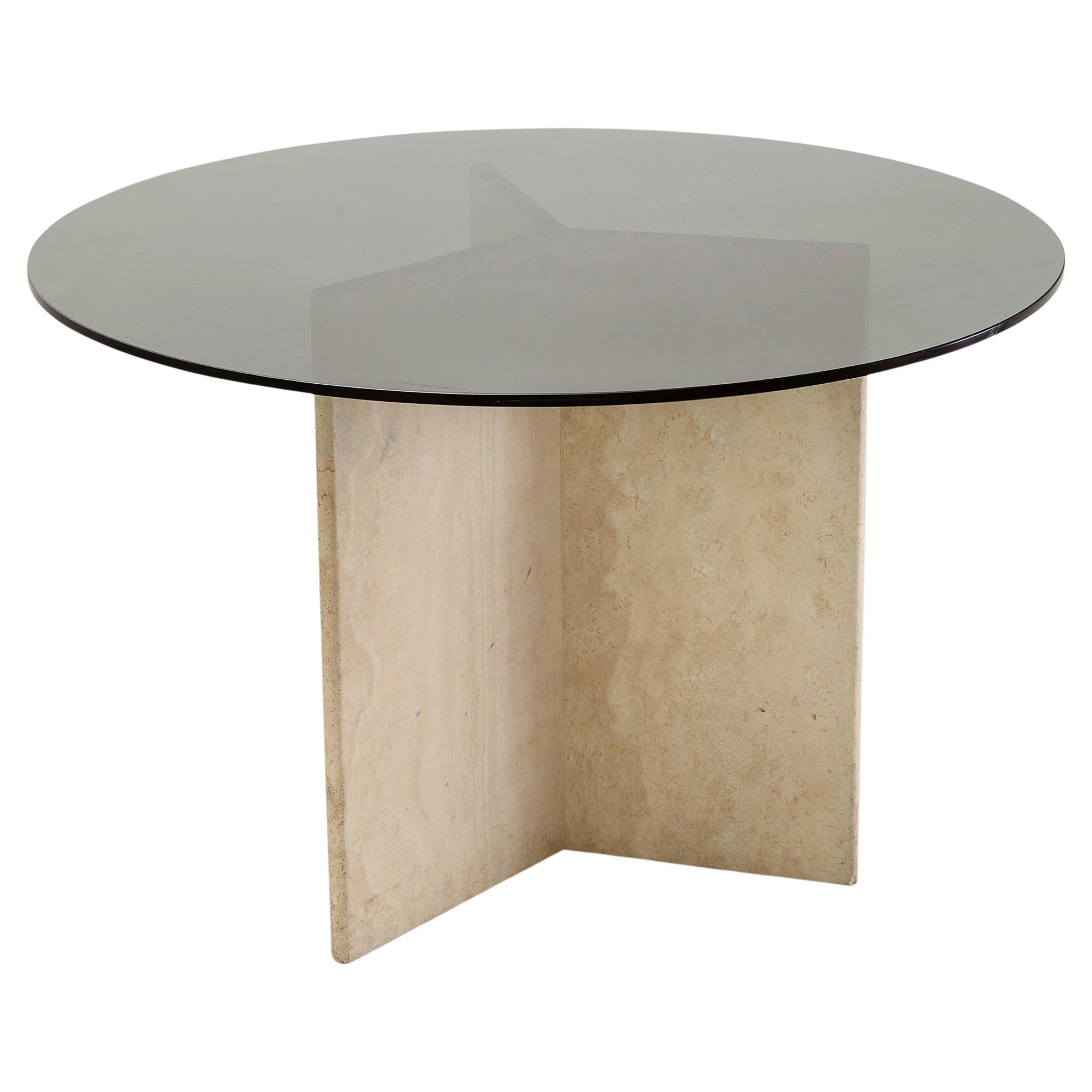 Table ronde avec base en bois de rose et plateau en verre fumé en vente