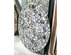 Plateau de table rond en mosaïque d'agate gris poli