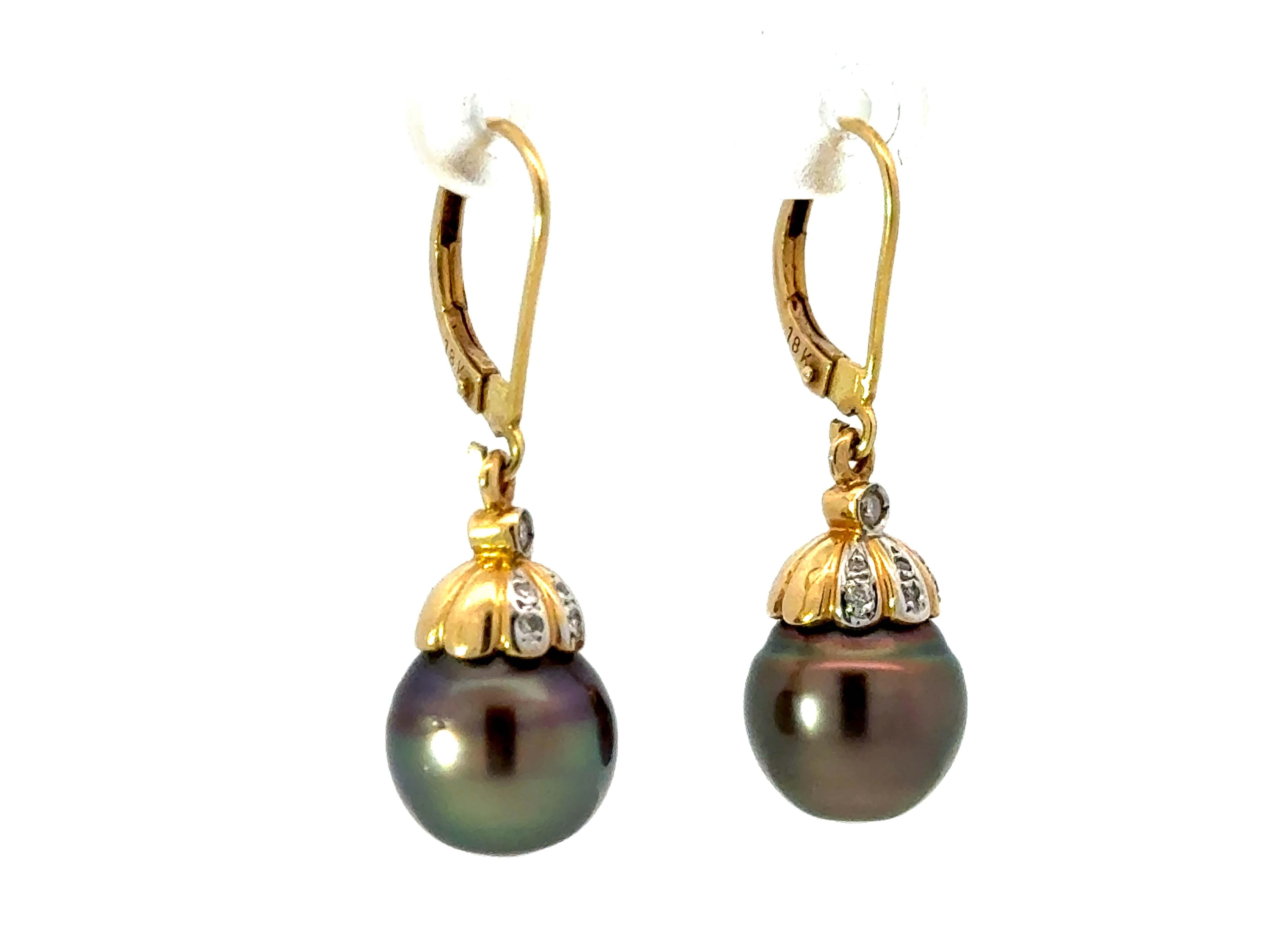 Modern Round Tahitian Pearl and Diamond Dangly Earrings 18K Yellow Gold For Sale