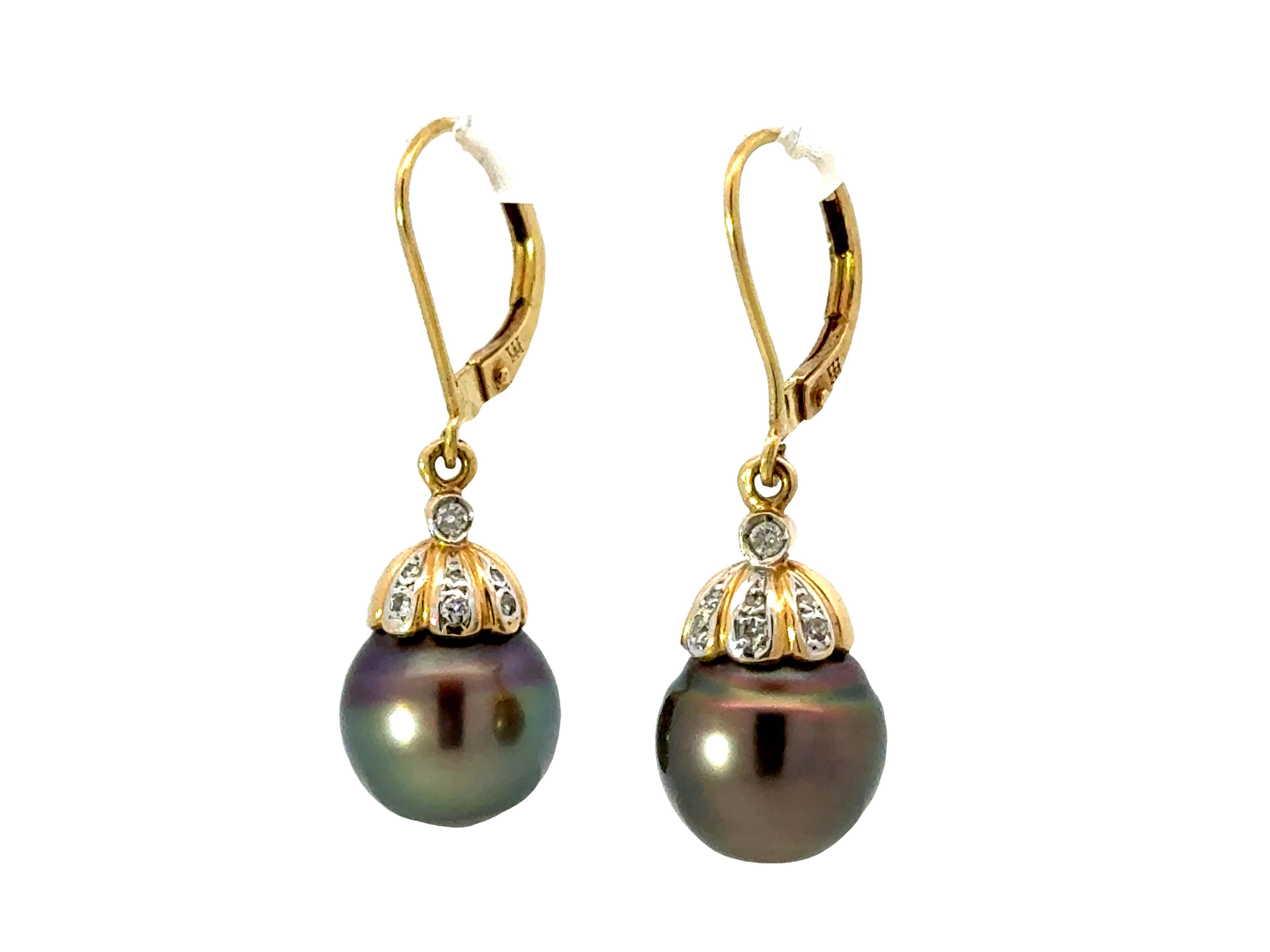 Round Cut Round Tahitian Pearl and Diamond Dangly Earrings 18K Yellow Gold For Sale