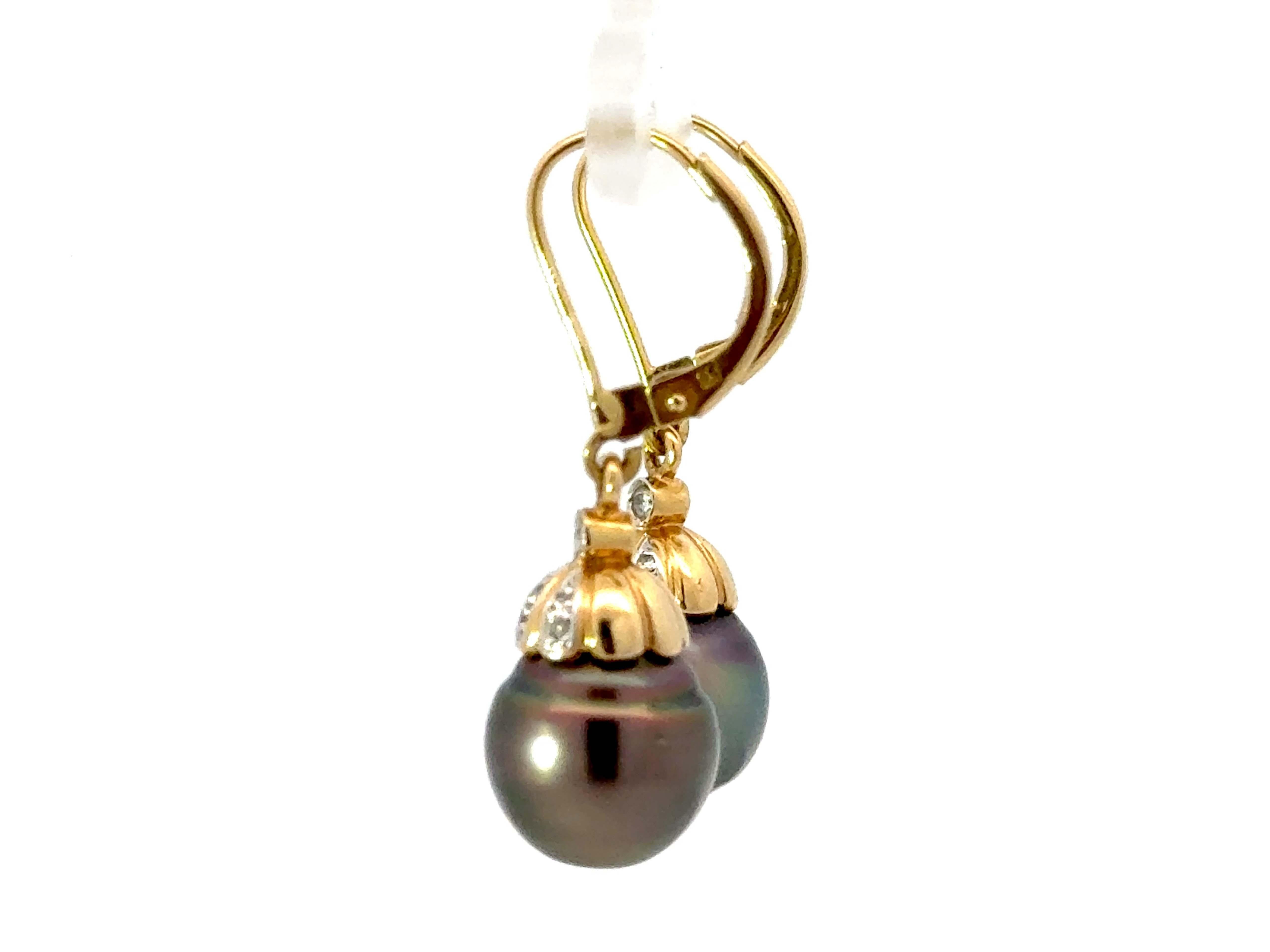 Women's Round Tahitian Pearl and Diamond Dangly Earrings 18K Yellow Gold For Sale