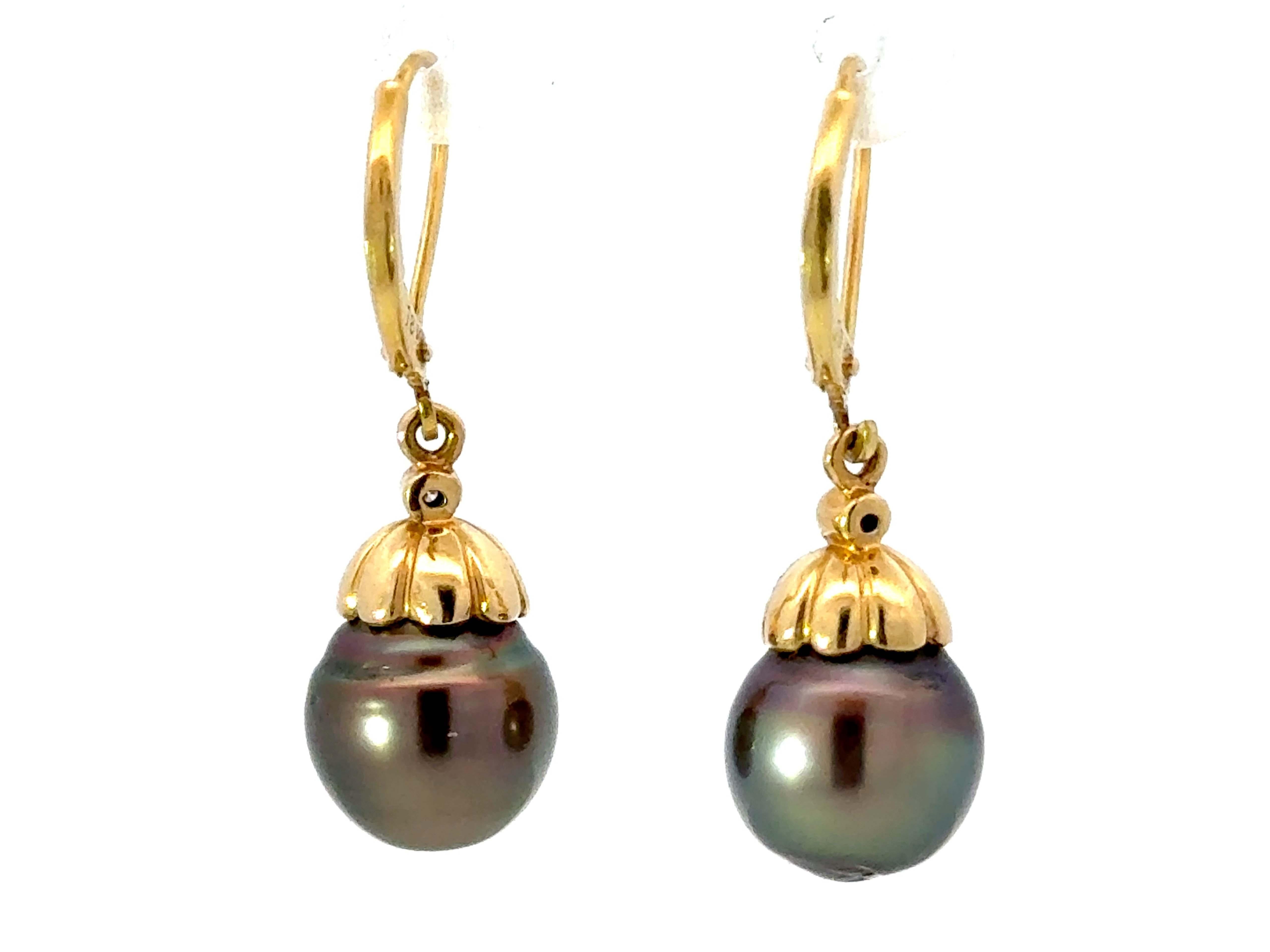 Round Tahitian Pearl and Diamond Dangly Earrings 18K Yellow Gold For Sale 1