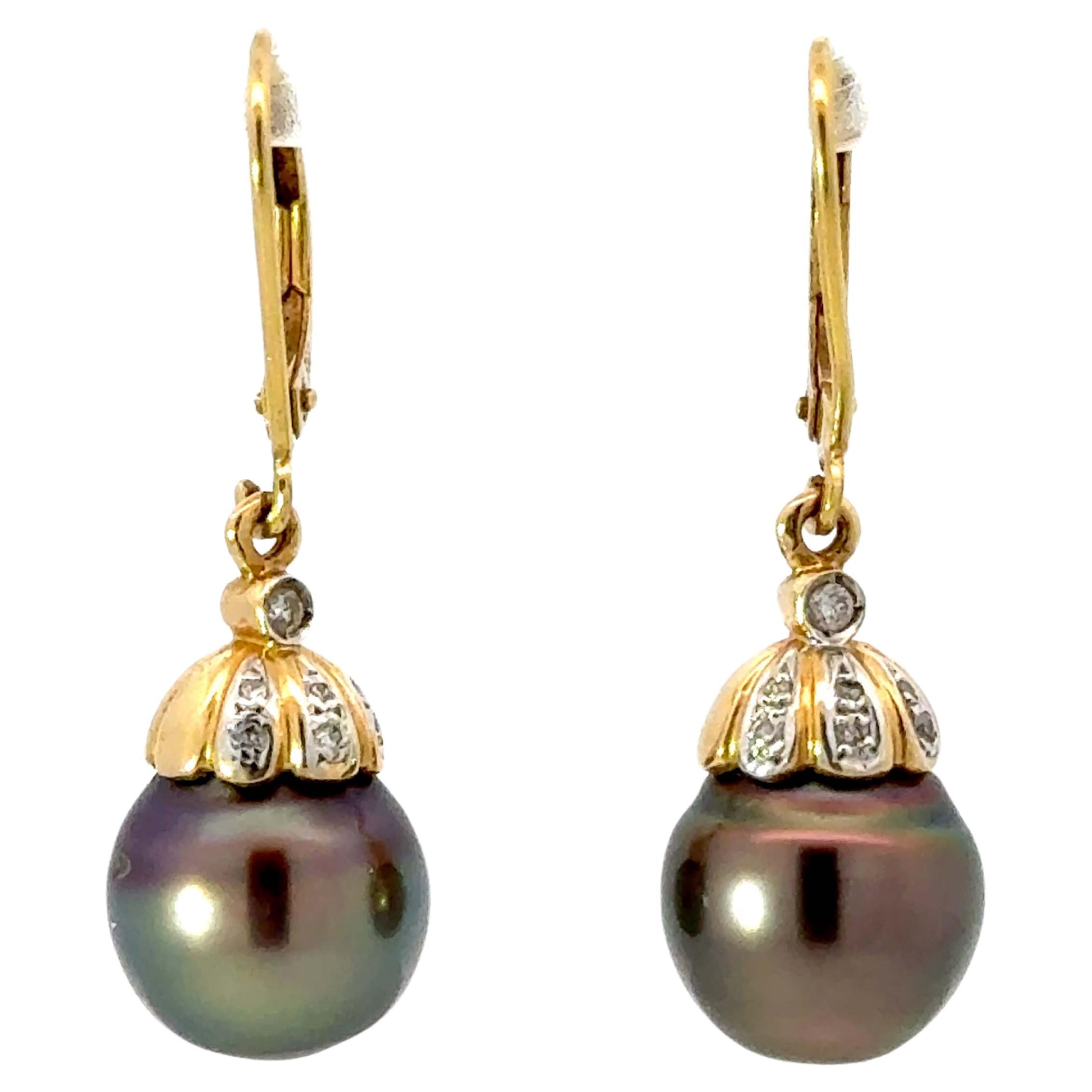Round Tahitian Pearl and Diamond Dangly Earrings 18K Yellow Gold For Sale