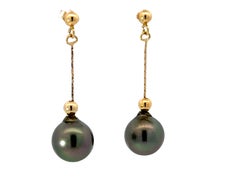 Round Tahitian Pearl Drop Dangly Earrings 14K Yellow Gold