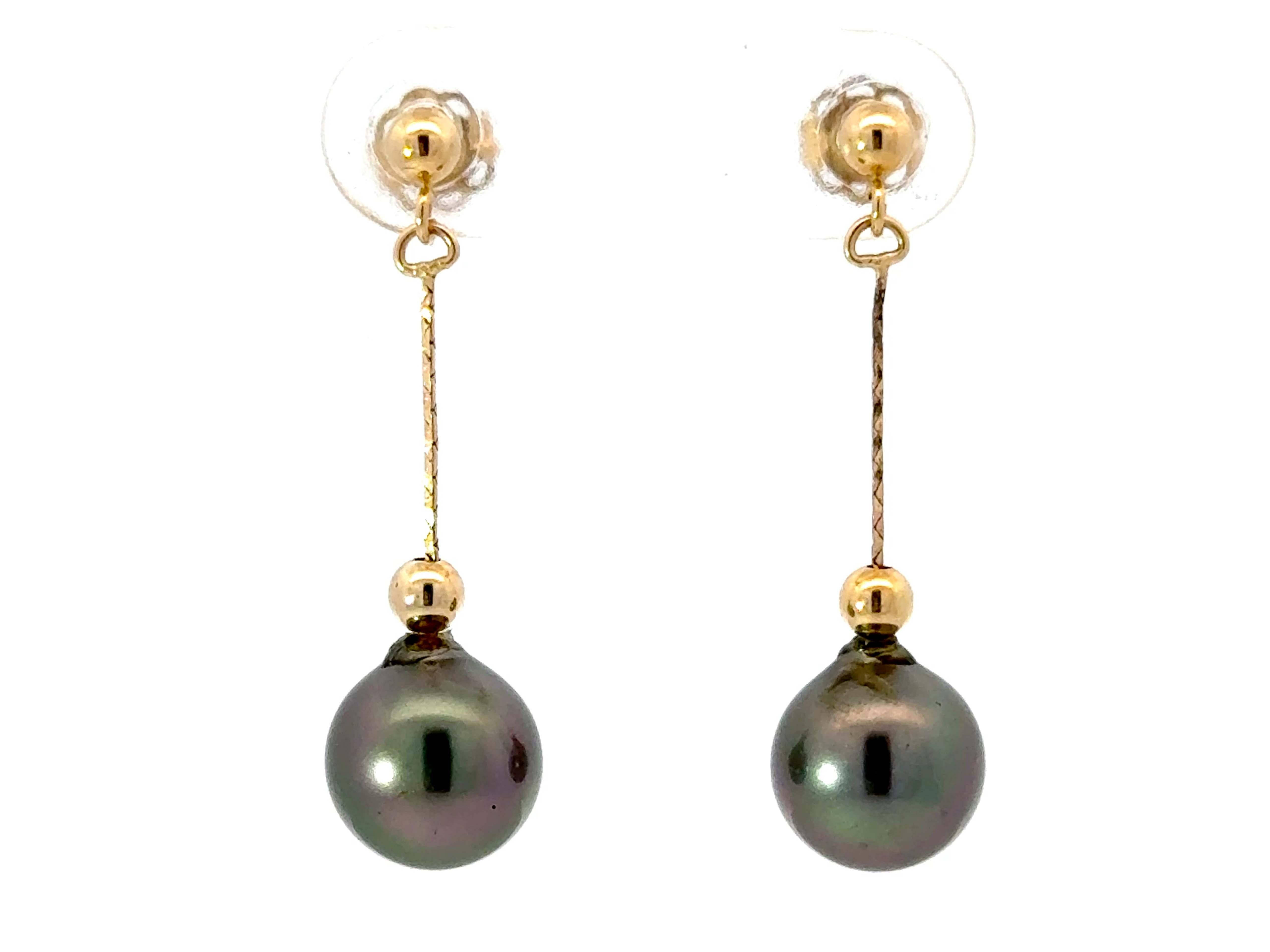 Modern Round Tahitian Pearl Drop Dangly Earrings 14K Yellow Gold For Sale