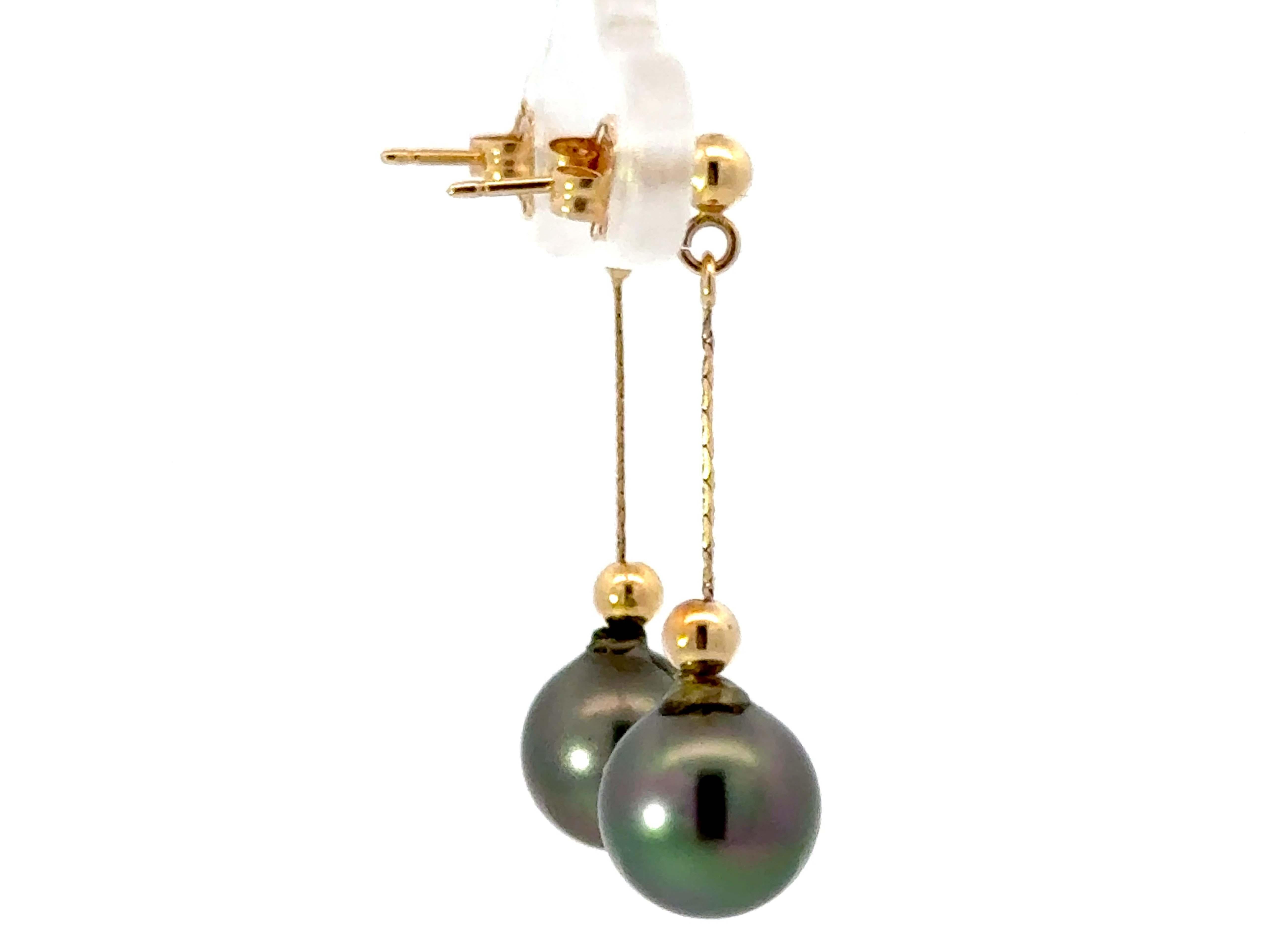 Round Cut Round Tahitian Pearl Drop Dangly Earrings 14K Yellow Gold For Sale