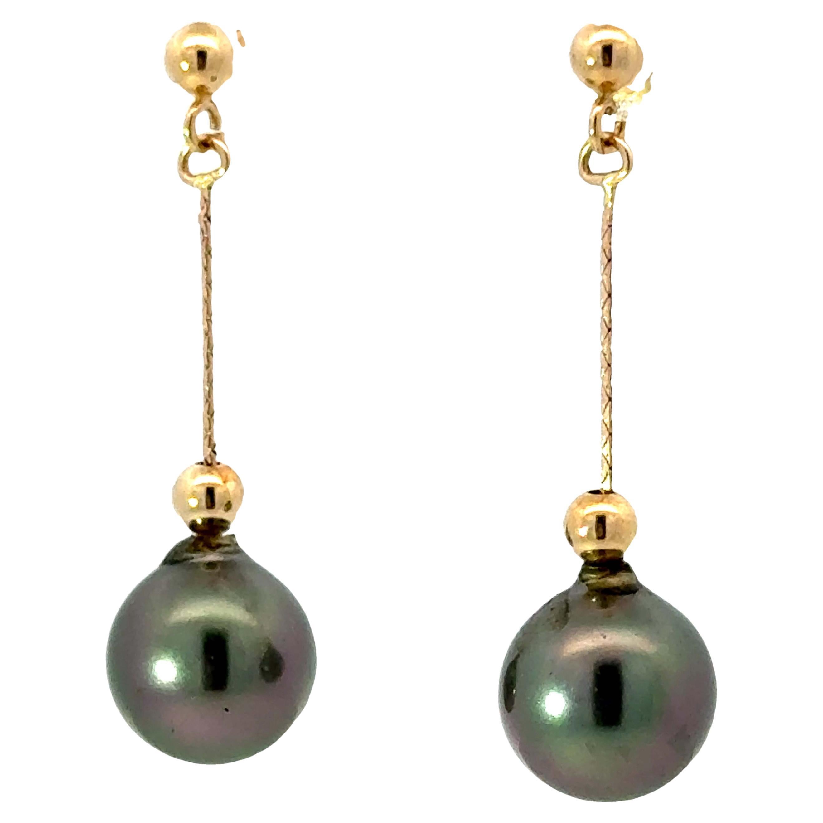 Round Tahitian Pearl Drop Dangly Earrings 14K Yellow Gold