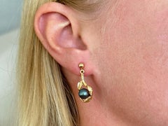 Round Tahitian Pearl Leaf Dangly Earrings 14K Yellow Gold
