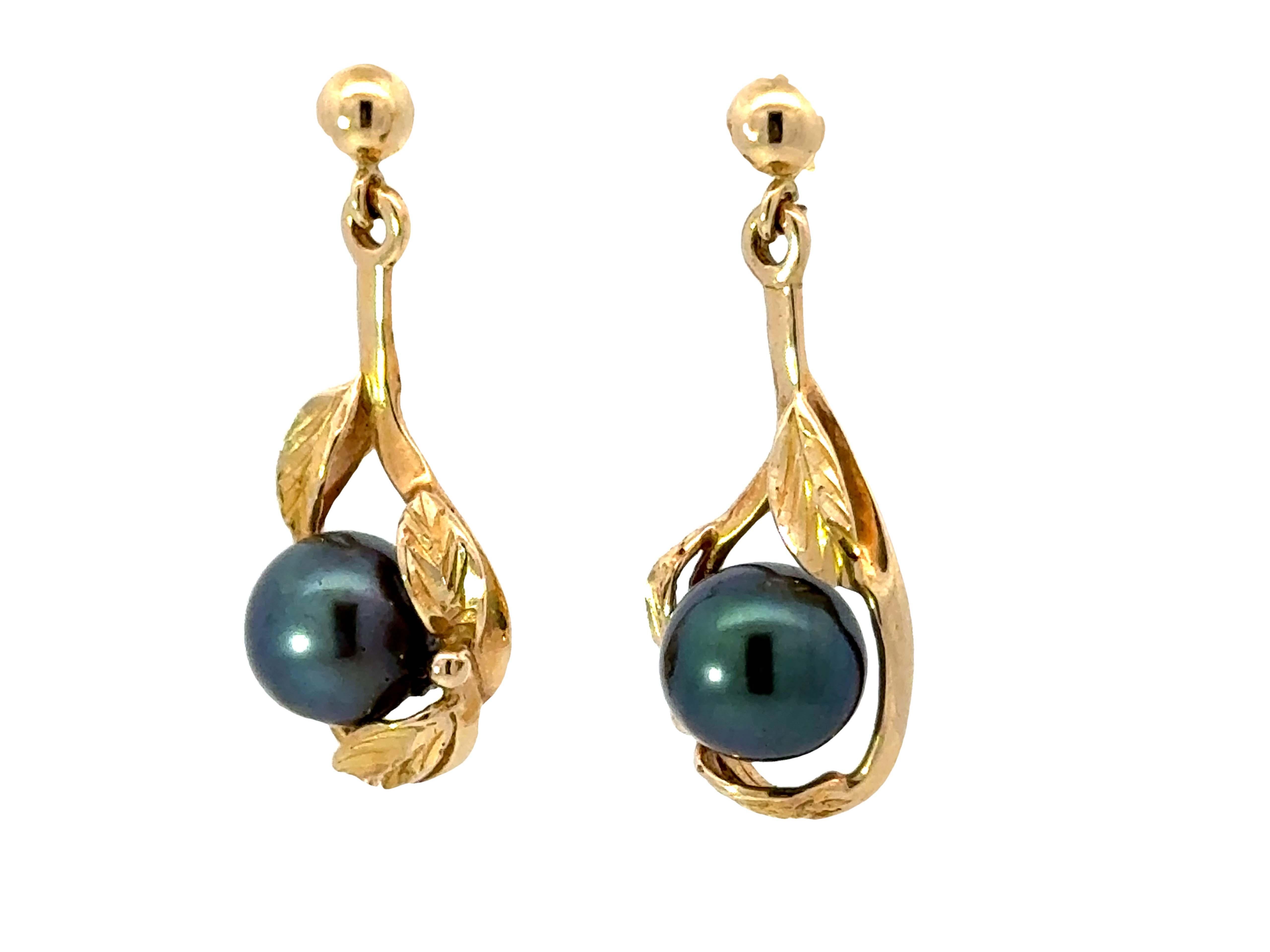 Round Cut Round Tahitian Pearl Leaf Dangly Earrings 14K Yellow Gold For Sale