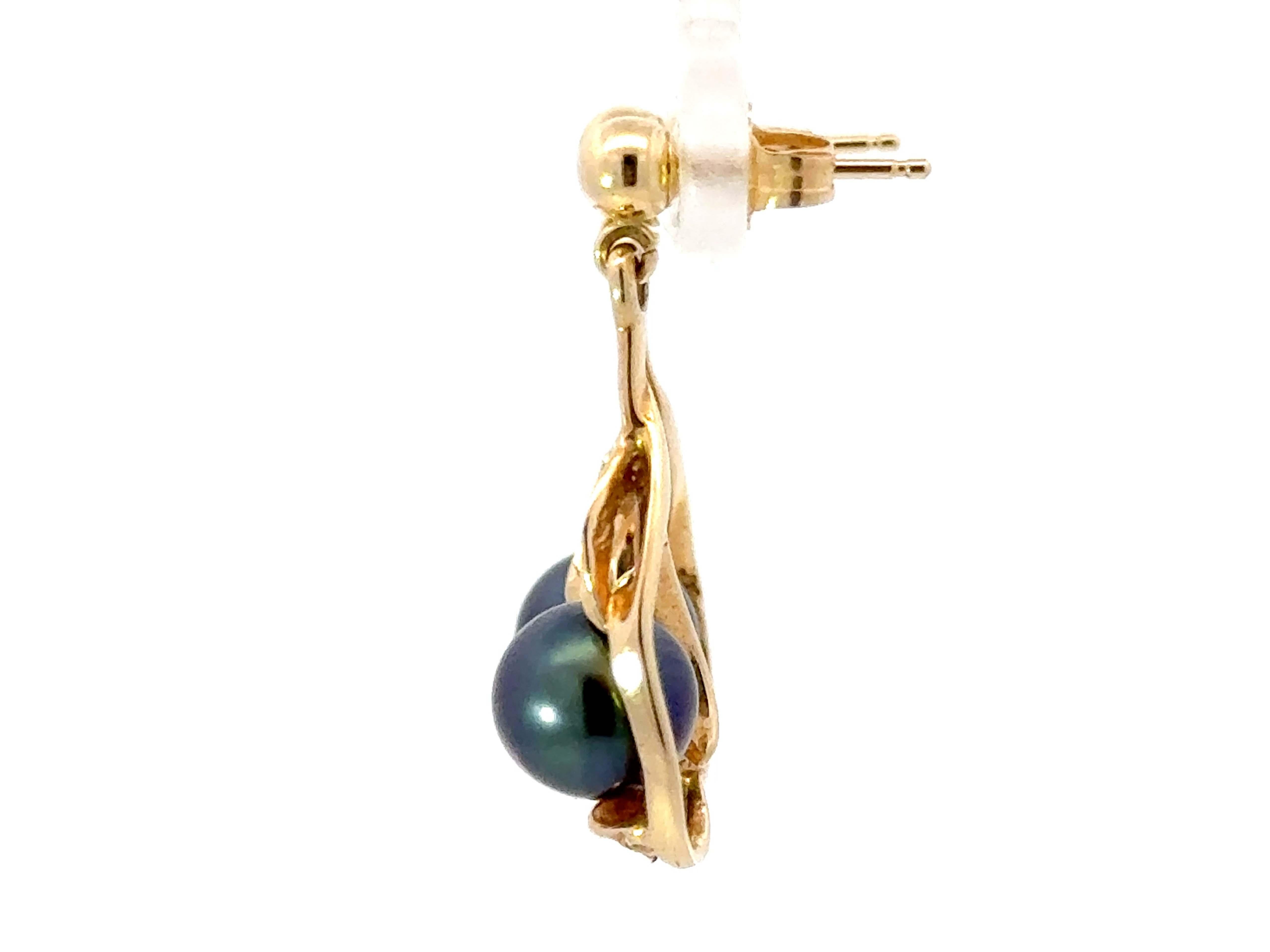 Women's Round Tahitian Pearl Leaf Dangly Earrings 14K Yellow Gold For Sale