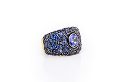 Round Tanzanite And Blue Sapphire Pave Bombe Ring / 18k Yellow And Black Rhodium