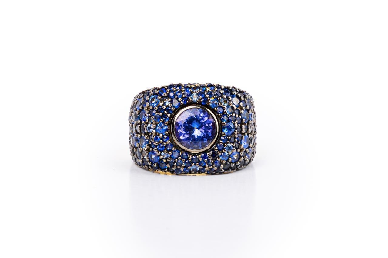 Artisan Round Tanzanite And Blue Sapphire Pave Bombe Ring / 18k Yellow And Black Rhodium For Sale