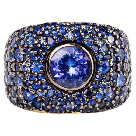 Round Tanzanite And Blue Sapphire Pave Bombe Ring / 18k Yellow And Black Rhodium