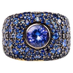 Round Tanzanite And Blue Sapphire Pave Bombe Ring / 18k Yellow And Black Rhodium