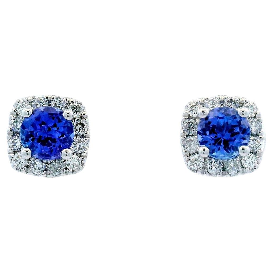 Round Tanzanite and Diamond Halo Stud Earrings in 14K White Gold