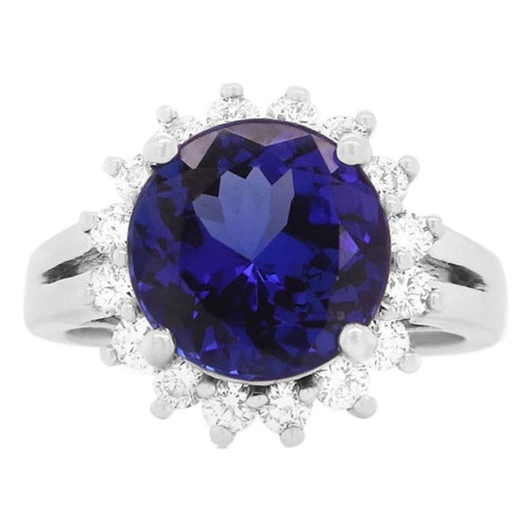 5ct Tanzanite Sapphire Diamond Vintage Halo Engagement Ring 14K White Gold Over 5ct Tanzanite Sapphire Diamond Vintage Halo Engagement Ring 14K White Gold Over