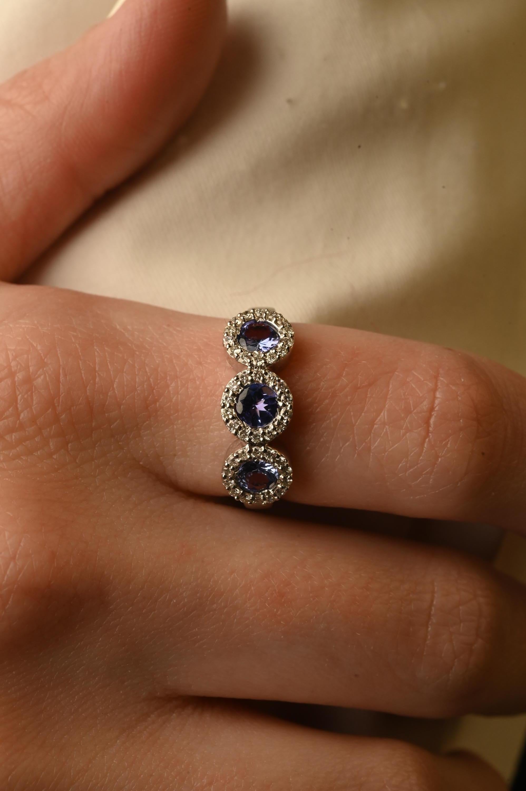 For Sale:  Round Tanzanite Three-Stone Diamond Halo Engagement Ring 14k Solid White Gold 2