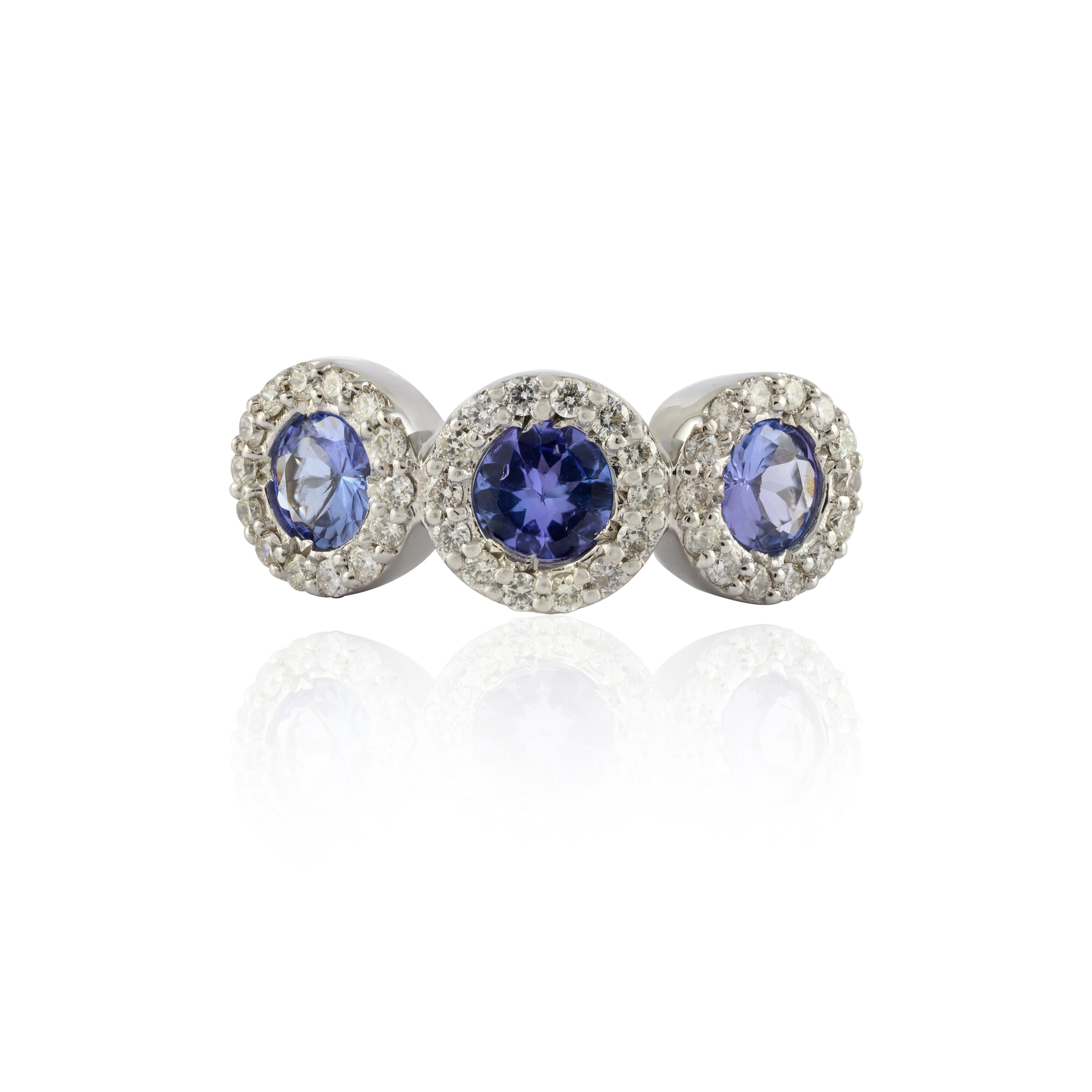 For Sale:  Round Tanzanite Three-Stone Diamond Halo Engagement Ring 14k Solid White Gold 3