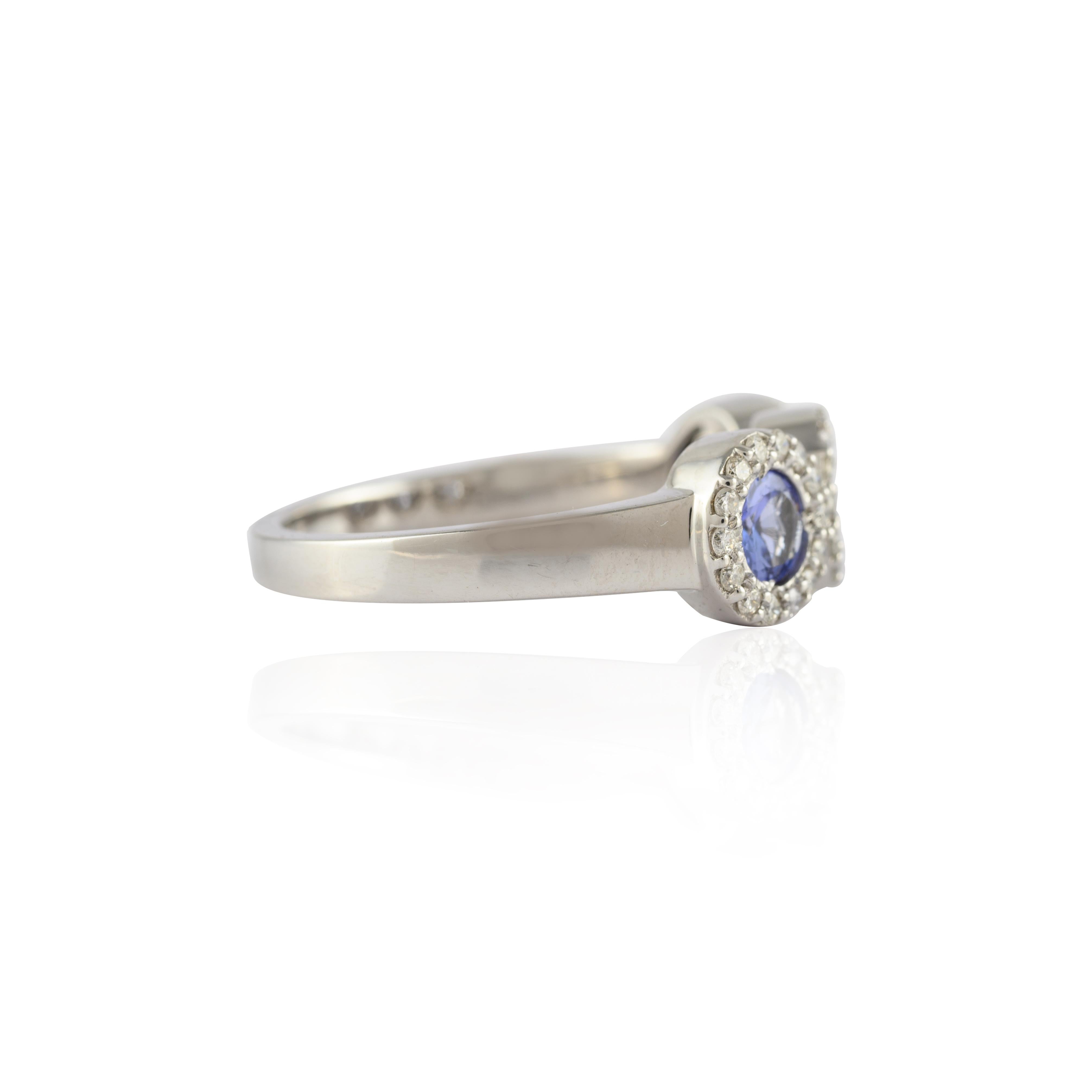 For Sale:  Round Tanzanite Three-Stone Diamond Halo Engagement Ring 14k Solid White Gold 5
