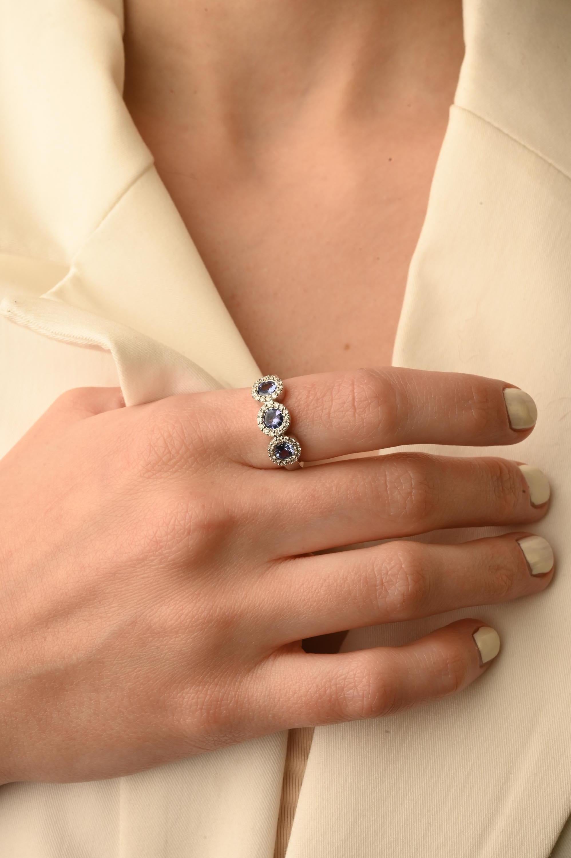 For Sale:  Round Tanzanite Three-Stone Diamond Halo Engagement Ring 14k Solid White Gold 4