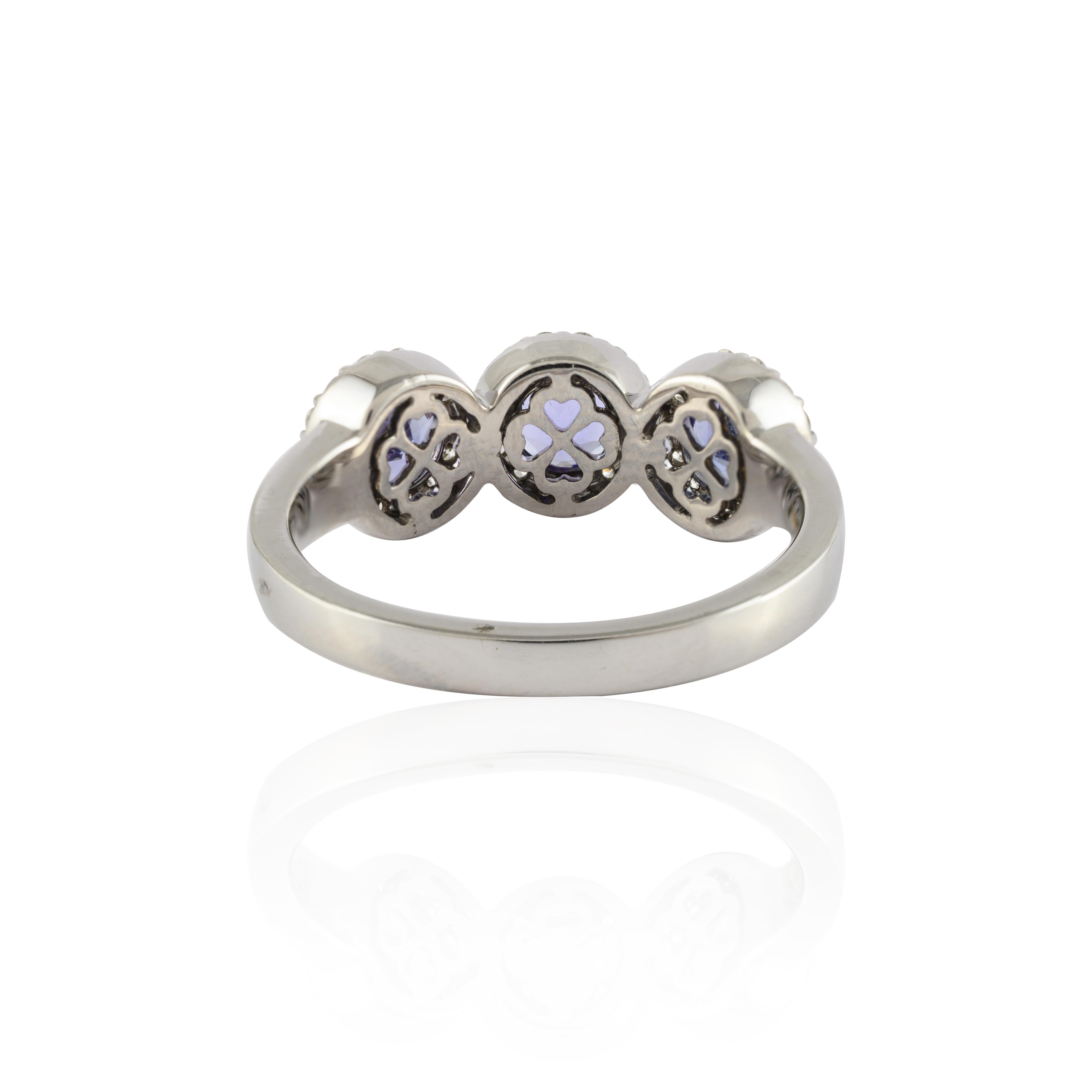 For Sale:  Round Tanzanite Three-Stone Diamond Halo Engagement Ring 14k Solid White Gold 7