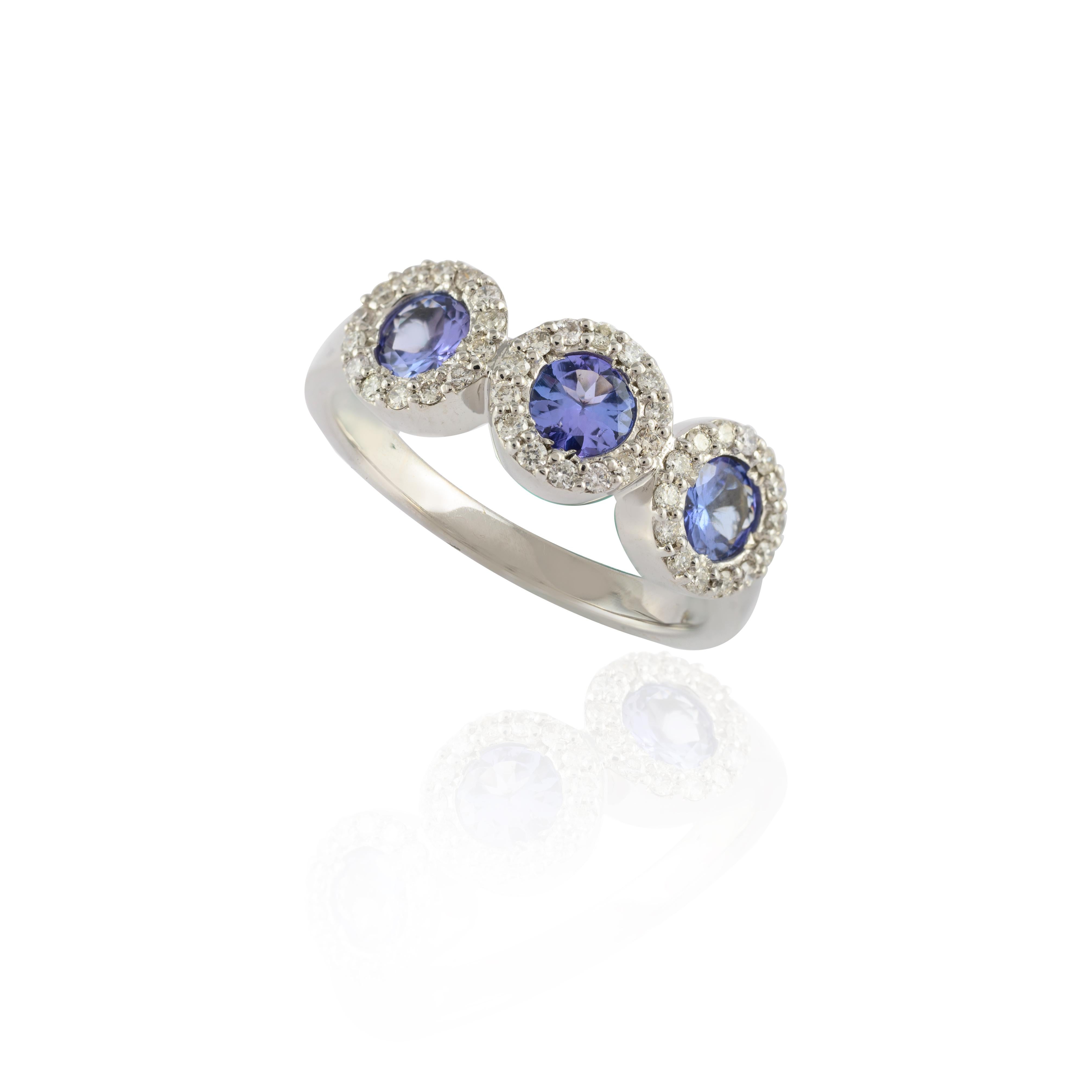 For Sale:  Round Tanzanite Three-Stone Diamond Halo Engagement Ring 14k Solid White Gold 9