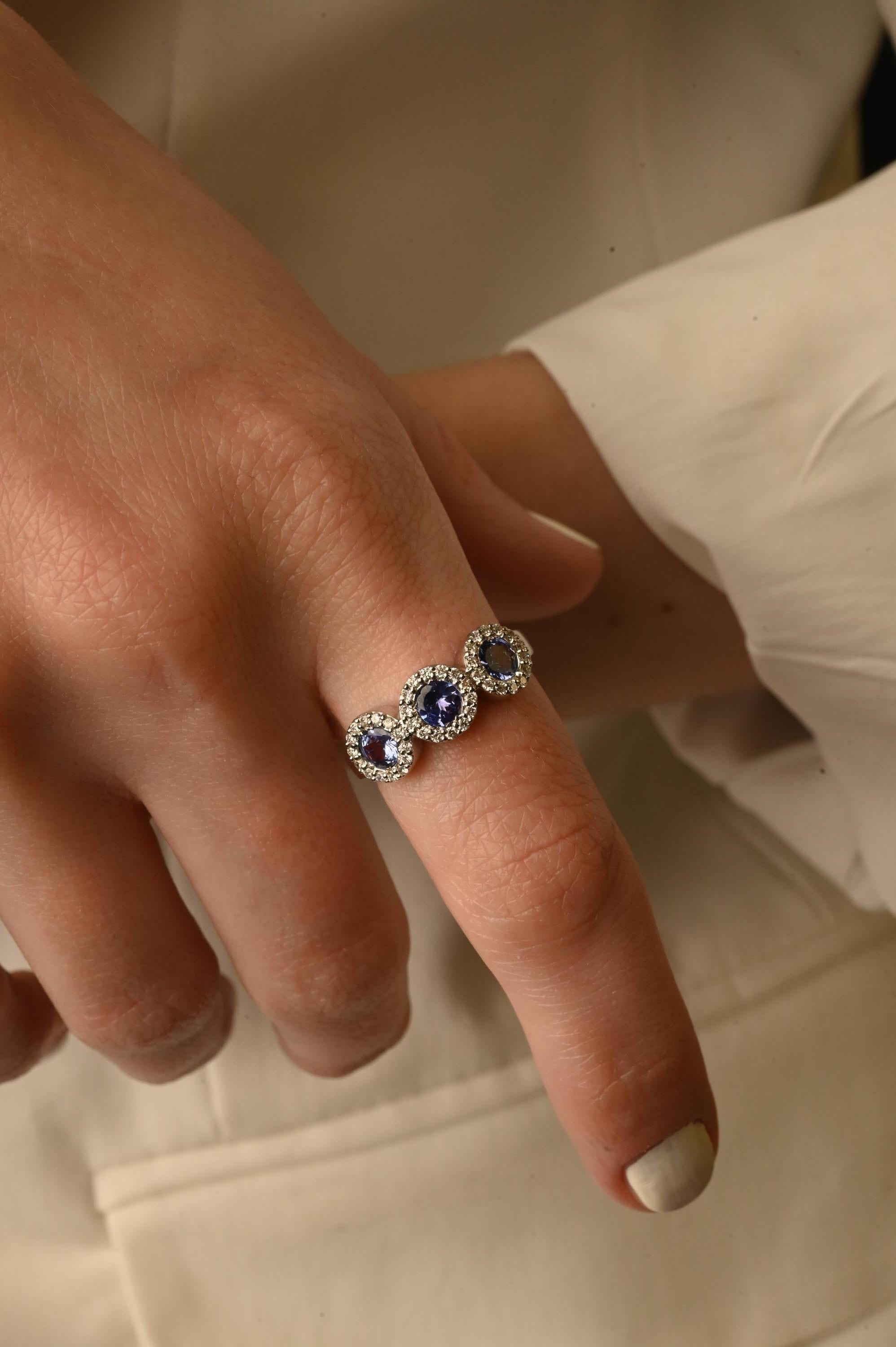 For Sale:  Round Tanzanite Three-Stone Diamond Halo Engagement Ring 14k Solid White Gold 6