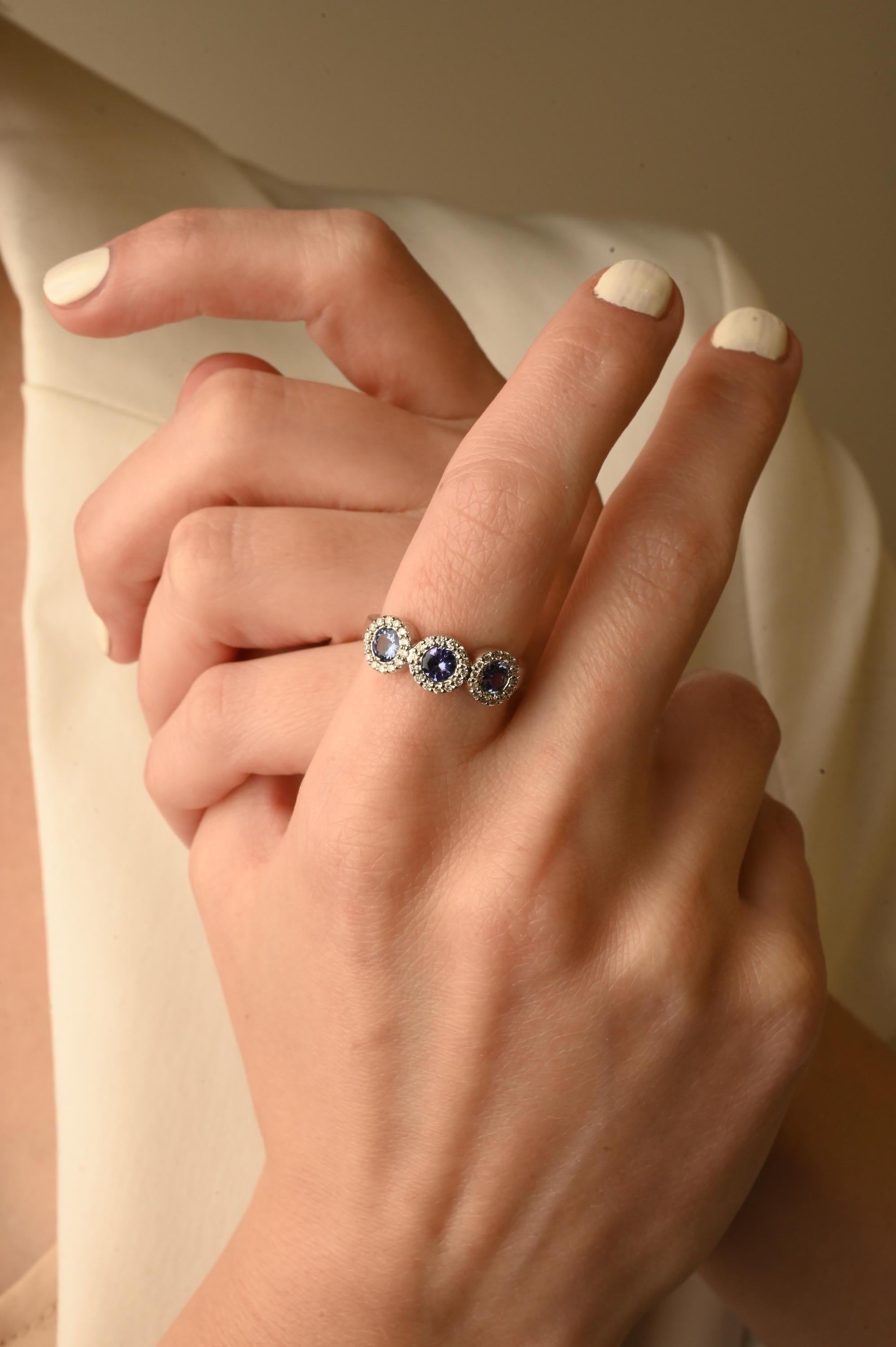 For Sale:  Round Tanzanite Three-Stone Diamond Halo Engagement Ring 14k Solid White Gold 8
