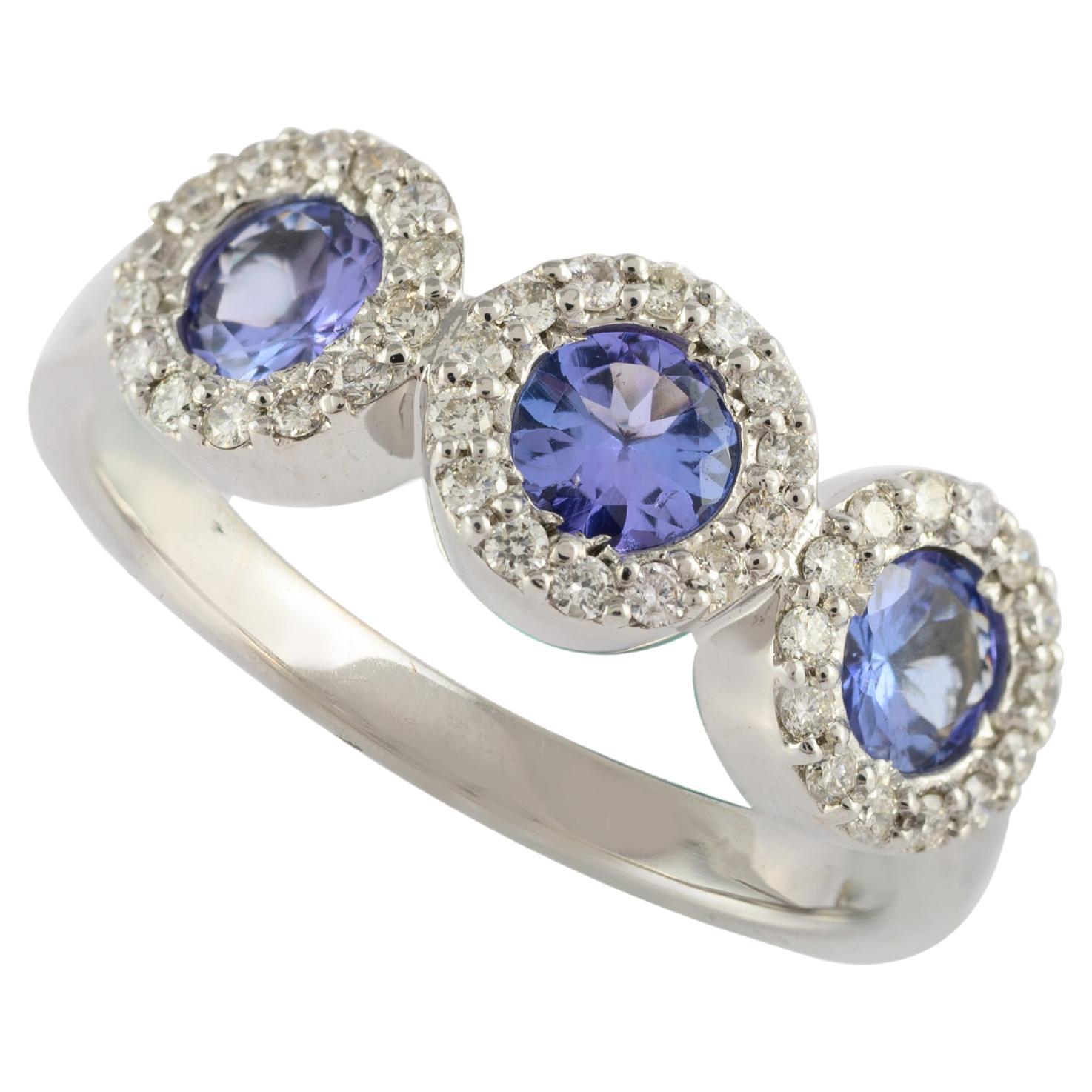 For Sale:  Round Tanzanite Three-Stone Diamond Halo Engagement Ring 14k Solid White Gold