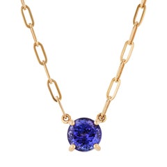 Round Tanzanite Yellow Gold Pendant Paperclip Necklace