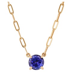 Round Tanzanite Yellow Gold Pendant Paperclip Necklace