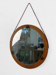 Round Teak Framed Mirror, Italian Wall Mirror and Leather, Italy, 1960s