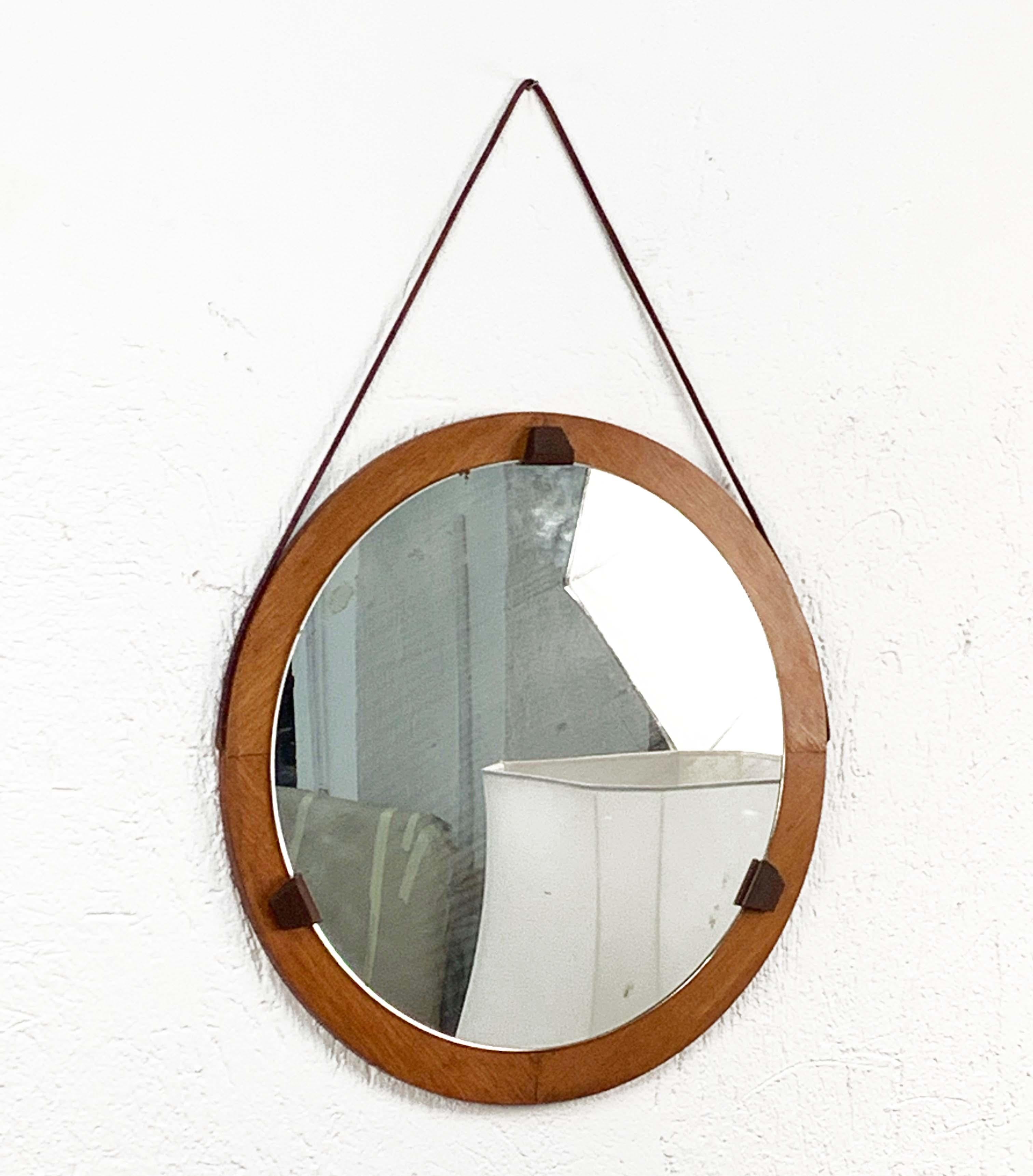20th Century Round Teak Framed Mirror, Italian Wall Mirror and Leather, Italy, 1960s