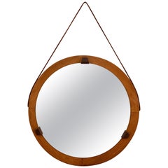 Round Teak Framed Mirror, Italian Wall Mirror and Leather, Italy, 1960s