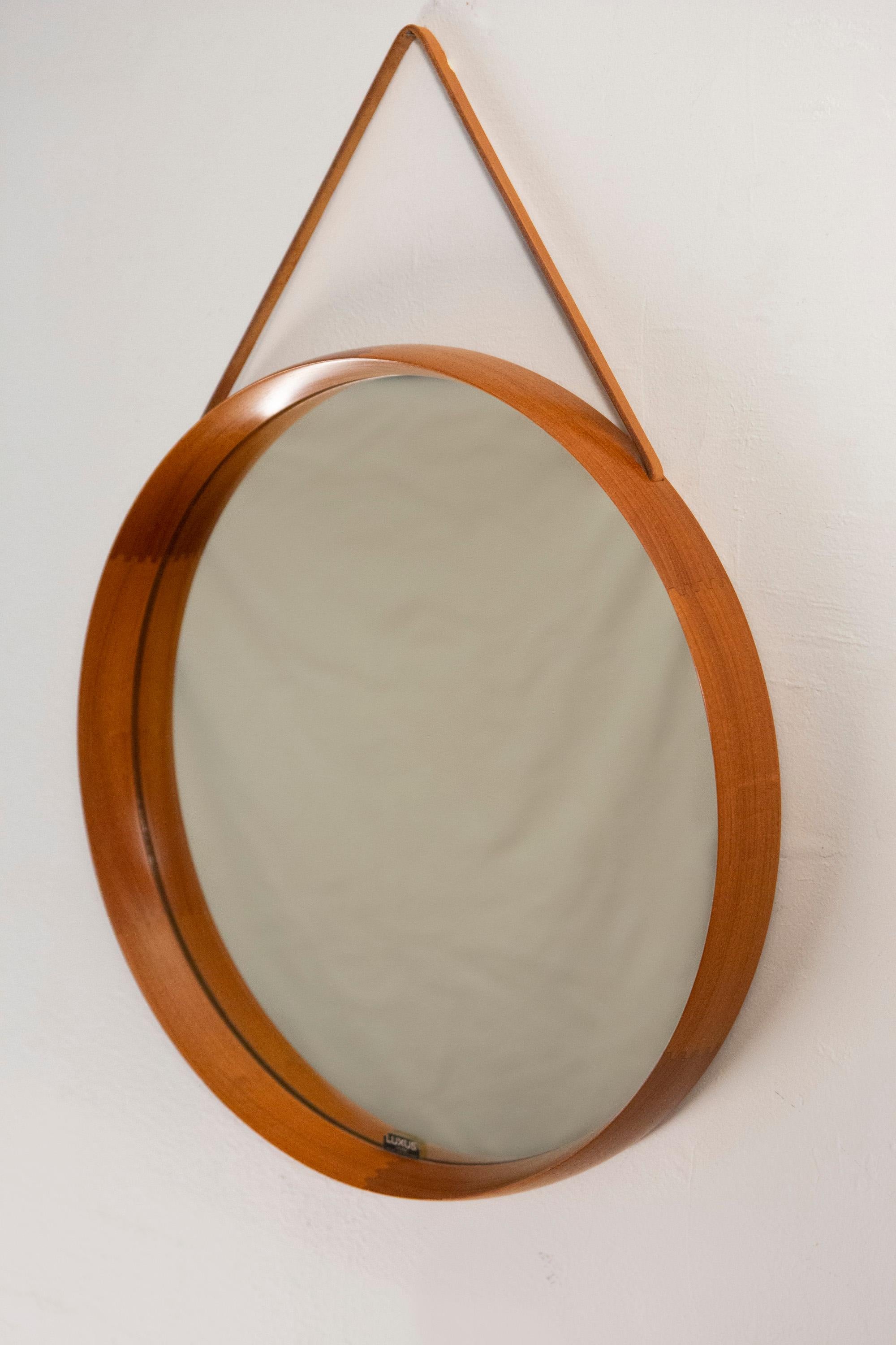 Mid-Century Modern Round Teak Mirror by Uno and Osten Kristiansson for Luxus Vittsjö, Sweden, 1960s For Sale