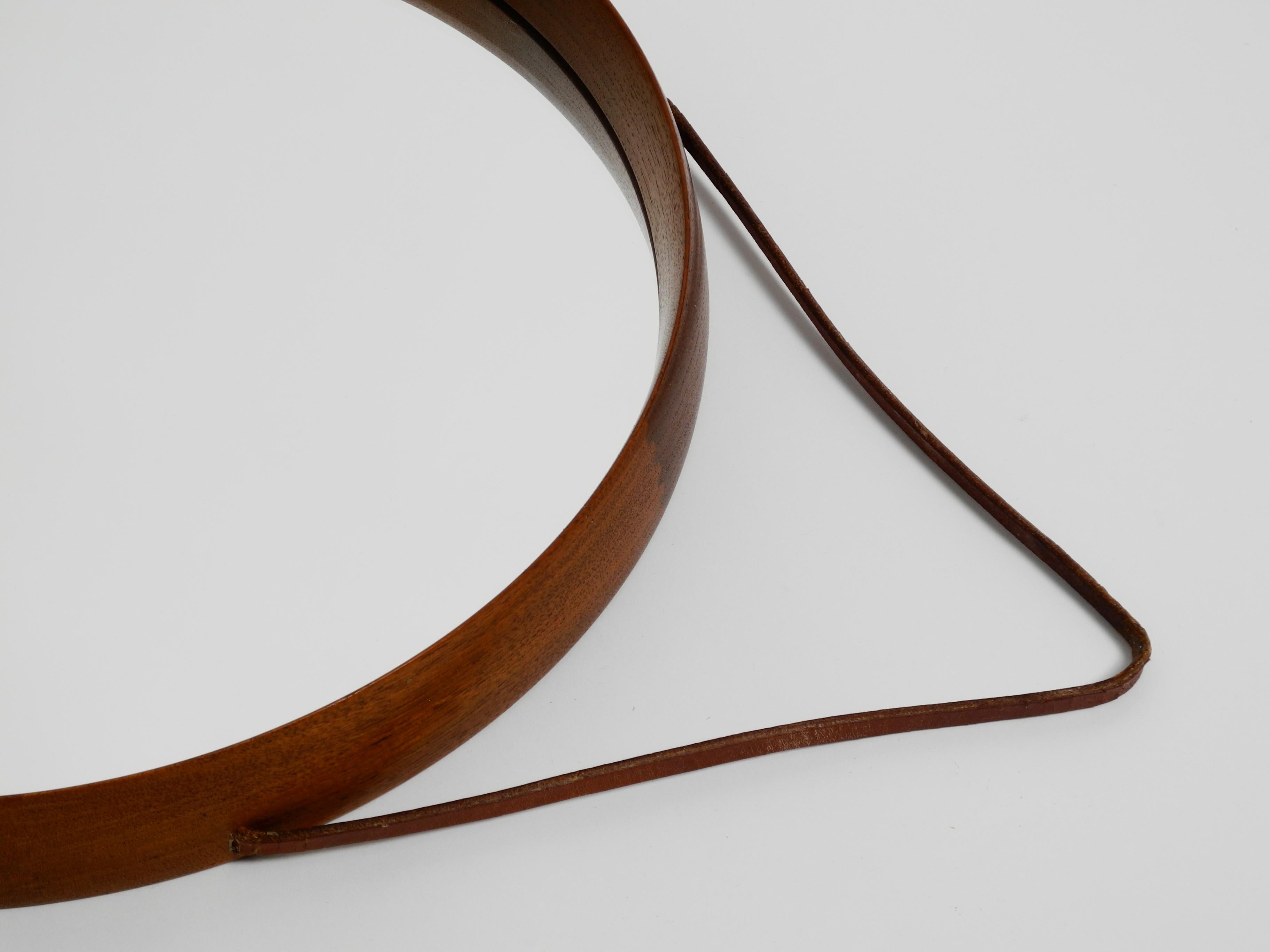 Round Teak Mirror with Leather Straps by Uno and Östen Kristiansson for Luxus For Sale 3