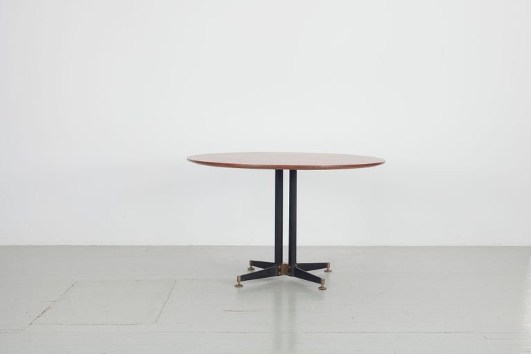 Round Teak Table with Iron Base and Brass Fittings, Italy 1950s at 1stDibs